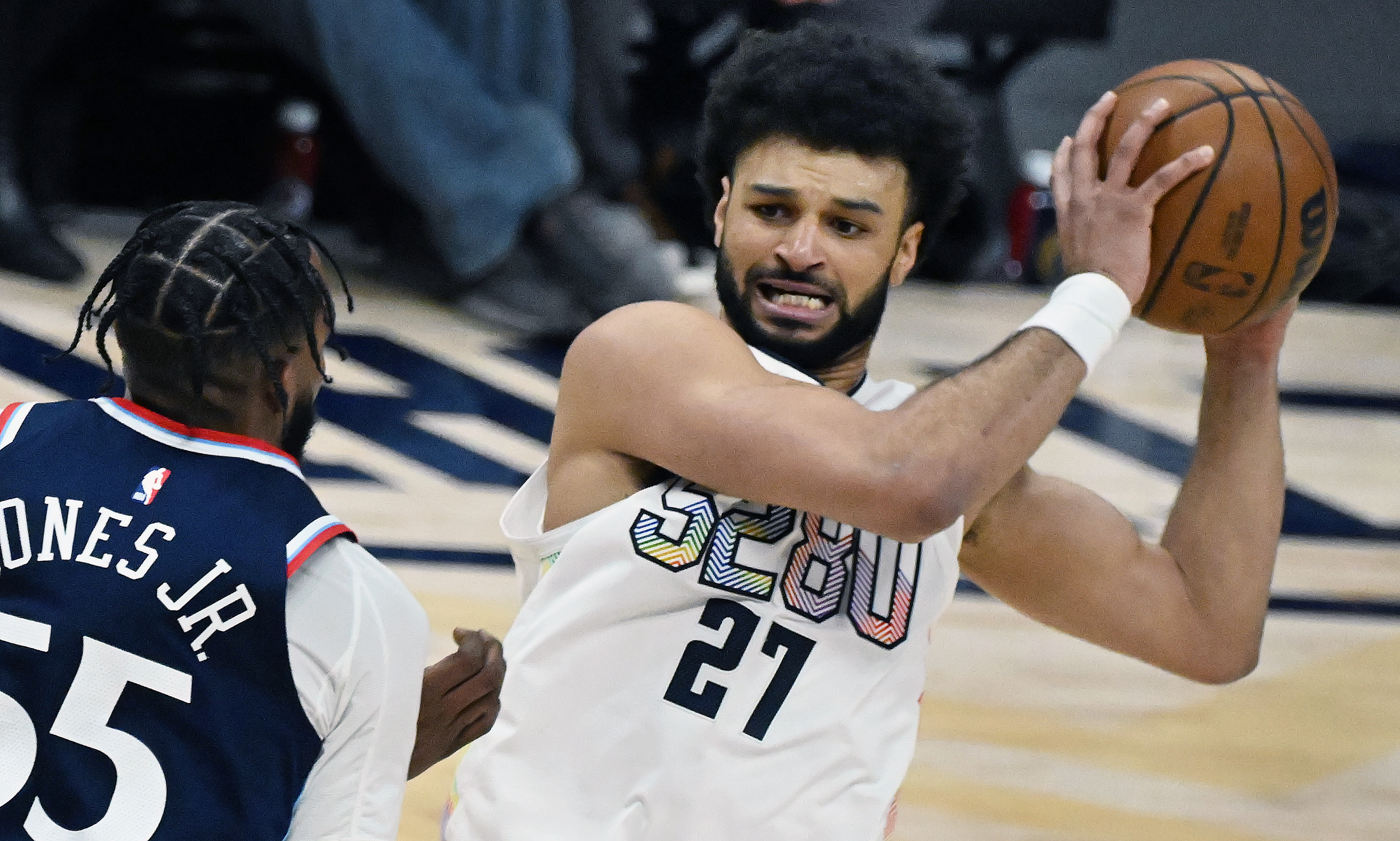 Denver Nuggets guard Jamal Murray (27) controls the ball during game 5 of Round 1 against the Clippers on Tuesday, April 29, 2025. The Nuggets won the game 131-115. (Jerilee Bennett,The Gazette)