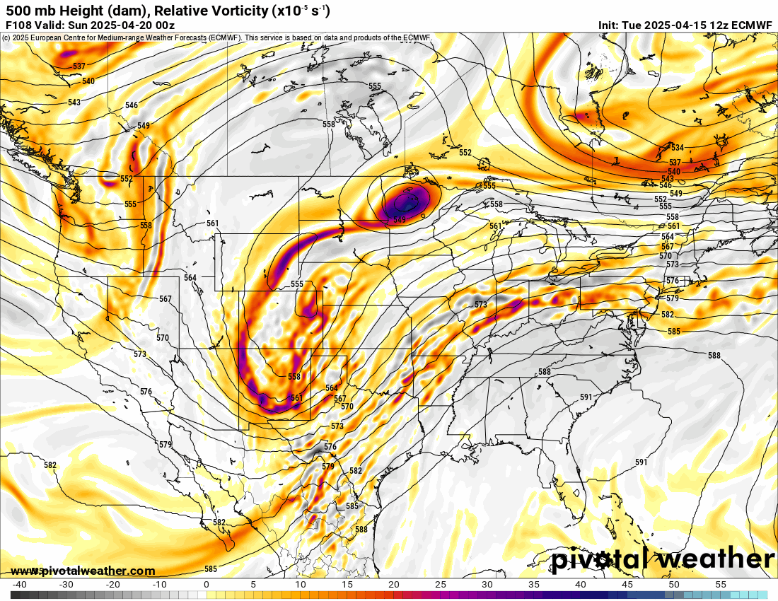 An ECMWF 500 mb Height (dam), Relative Vorticity forecast loop of the U.S. from April 20-30, 2025. Continued storminess and potential snow makers makes their way across the western United States, including Colorado, every couple of days for the last 10 days of April. (PivotalWeather.com)