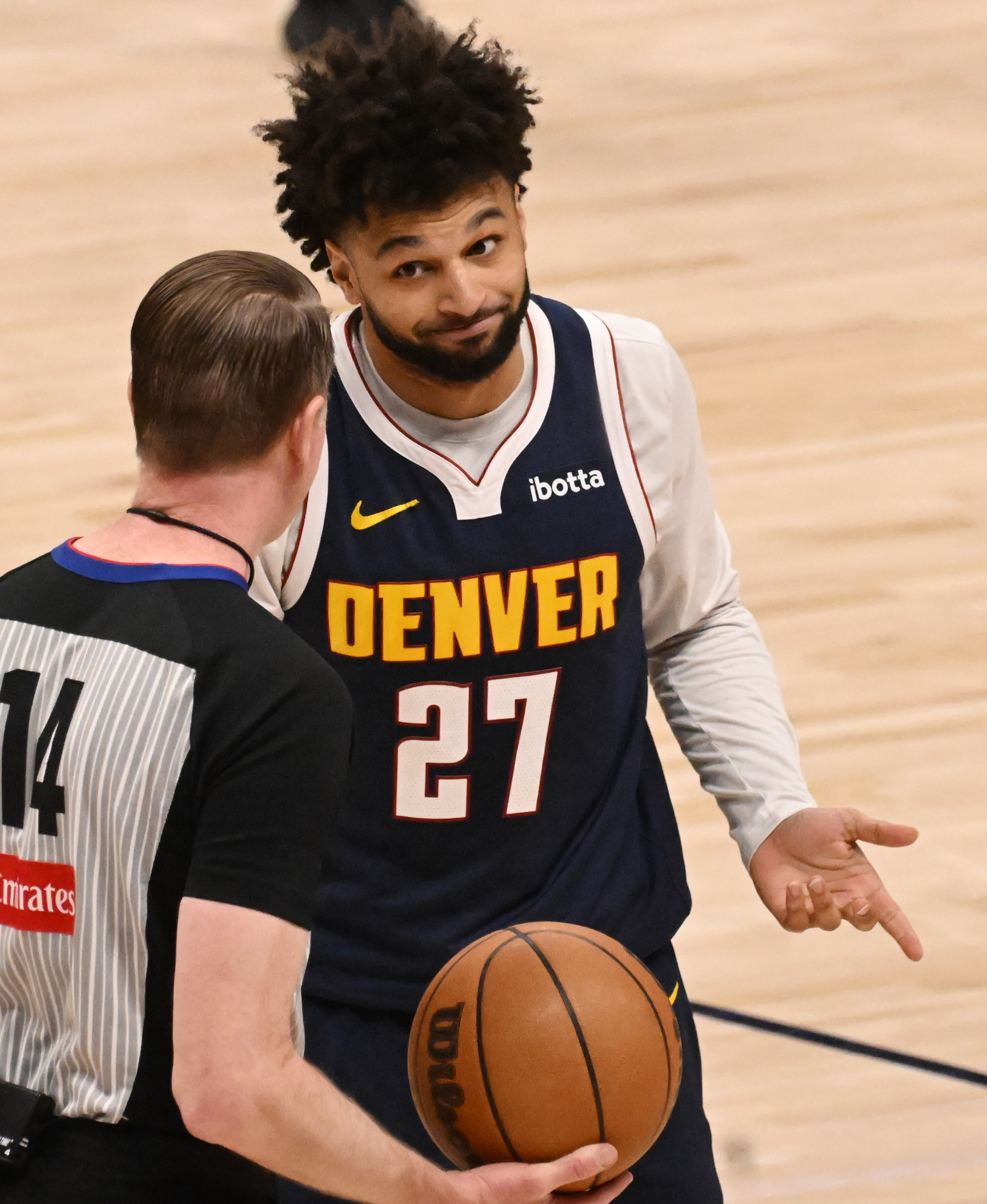Denver Nuggets guard Jamal Murray (27) tries to influence an official during the 2nd quarter of game 2 of Round 1 of the NBA Western Championship at Ball Arena on Monday, April 21, 2025. (Jerilee Bennett,The Gazette)