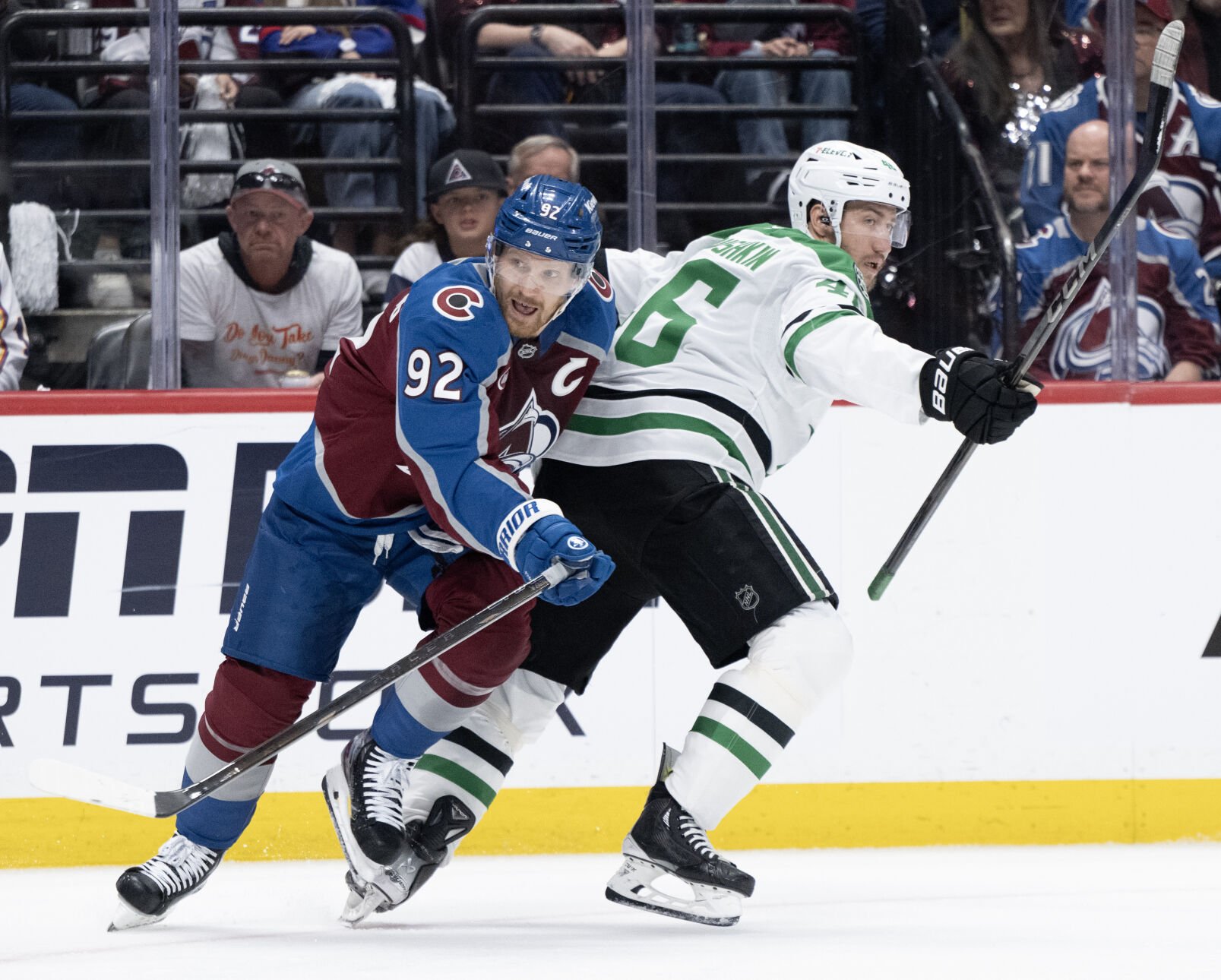 Colorado Avalanche left wing Gabriel Landeskog (92) skates against Dallas Stars defenseman Lian Bichsel (6) during the first period Wednesday, April 23, 2025, at Ball Arena in Denver. (The Gazette, Christian Murdock) (Christian Murdock)