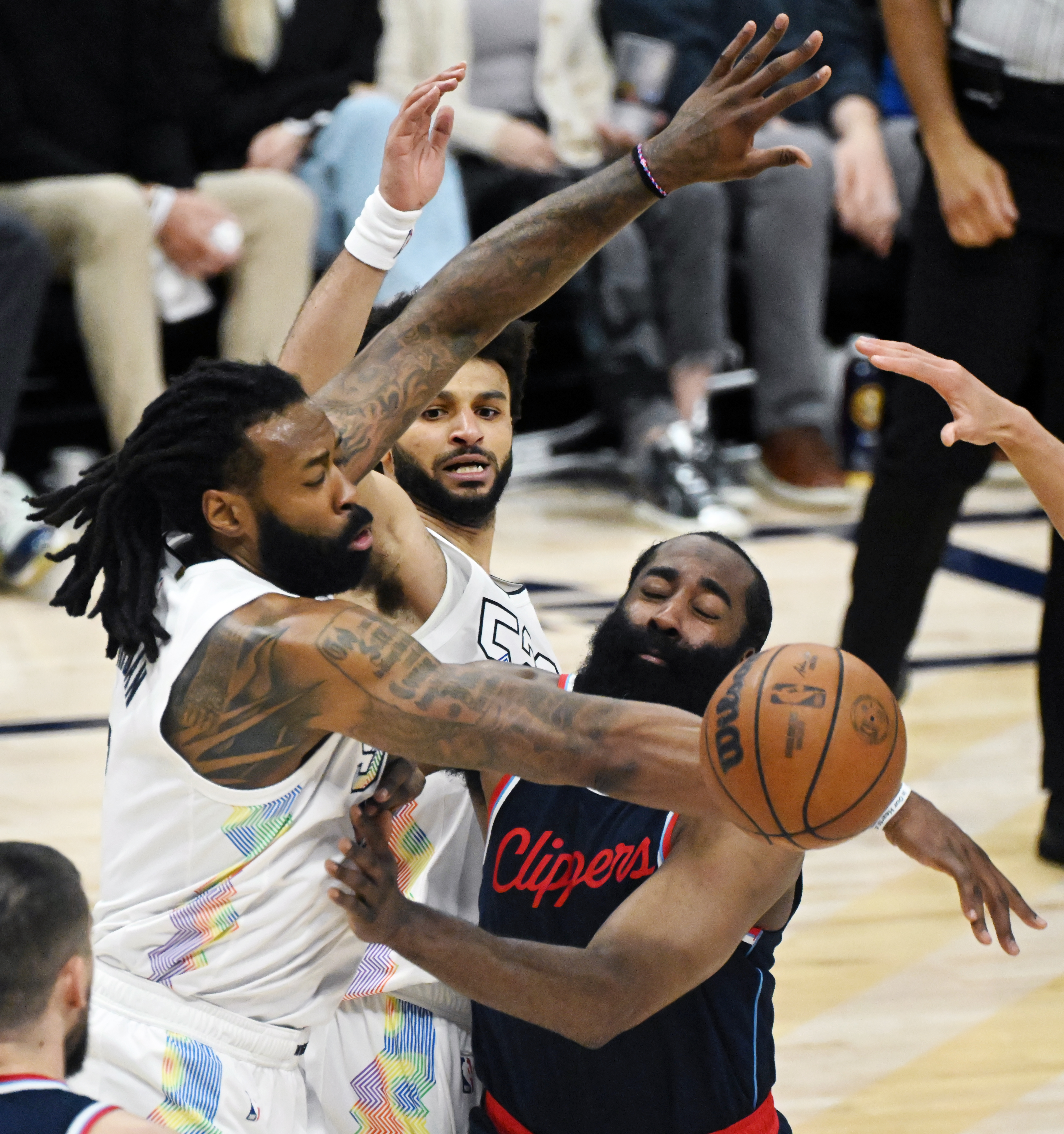 Nuggets center DeAndre Jordan blocks a shot by Clippers guard James Harden  during Game 5 of against the Clippers on Tuesday night. The Nuggets won 131-115. (Jerilee Bennett, The Gazette)