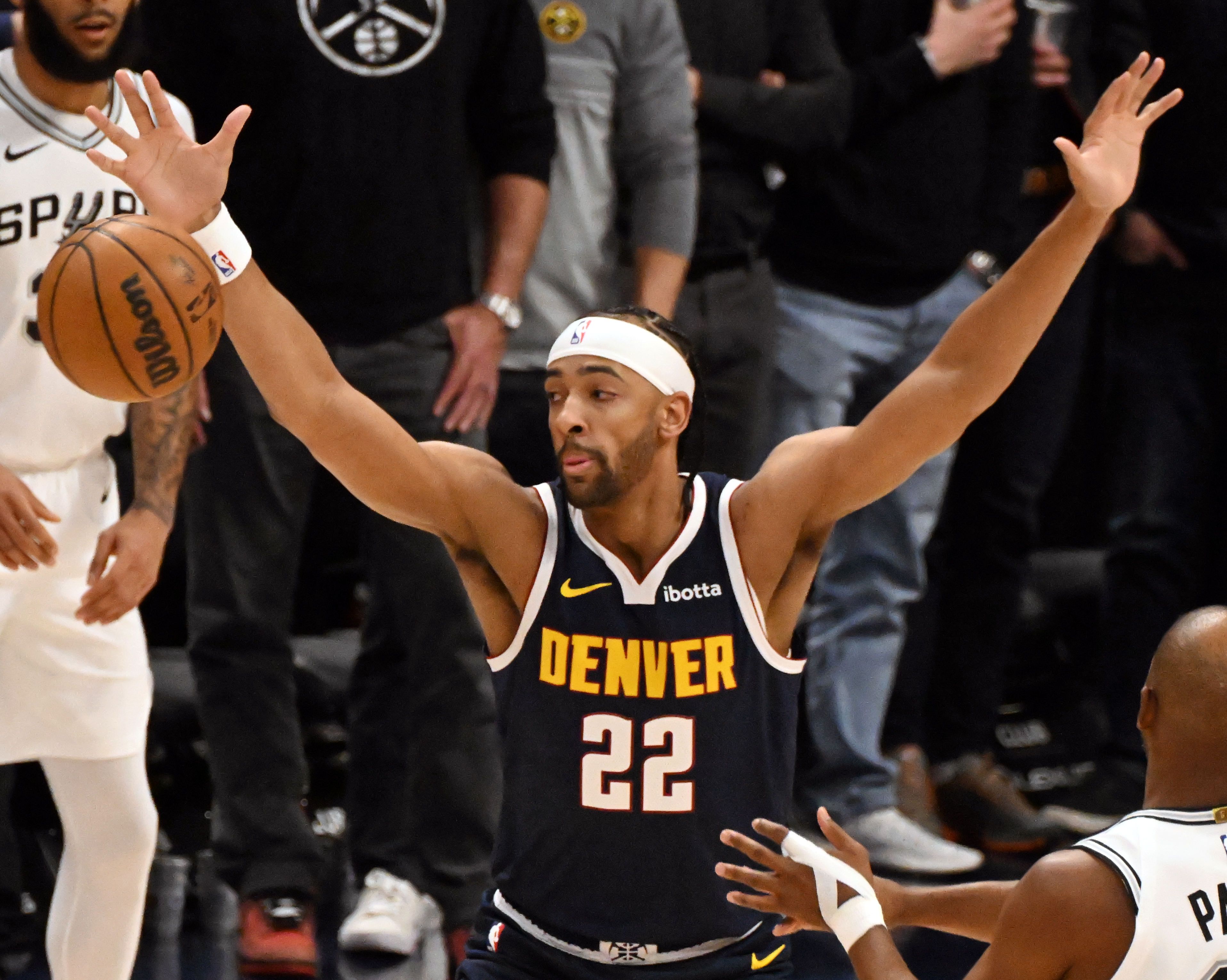 Denver Nuggets forward Zeke Nnaji (22) reaches out to block the ball during a game against the Spurs at Ball Arena on Thursday, April 3, 2025. (Jerilee Bennett,The Gazette)