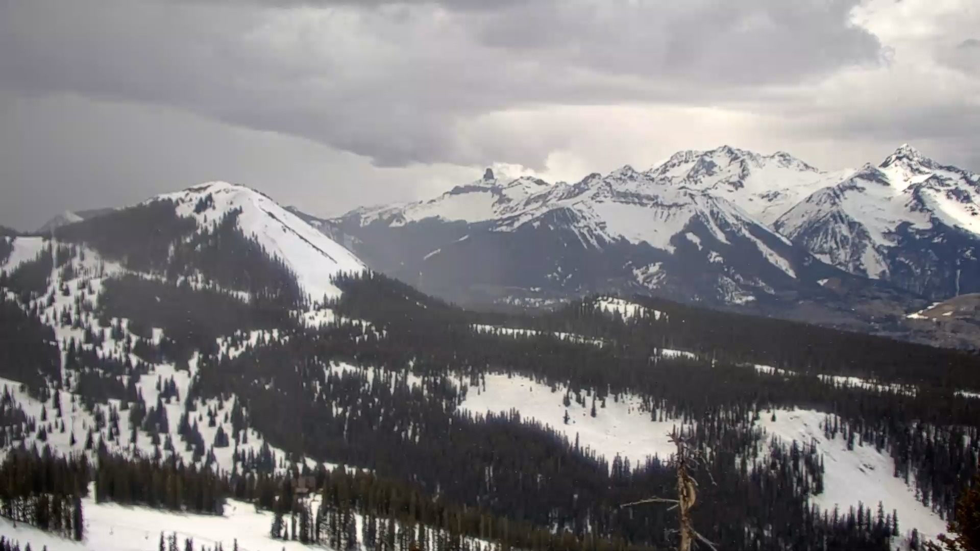A view from the See Forever web camera at Telluride Mountain Tuesday, April 15, 2025. The Wilson group of 14ers can be seen in the distance along with incoming snow. (Courtesy, Telluride Mountain Resort)