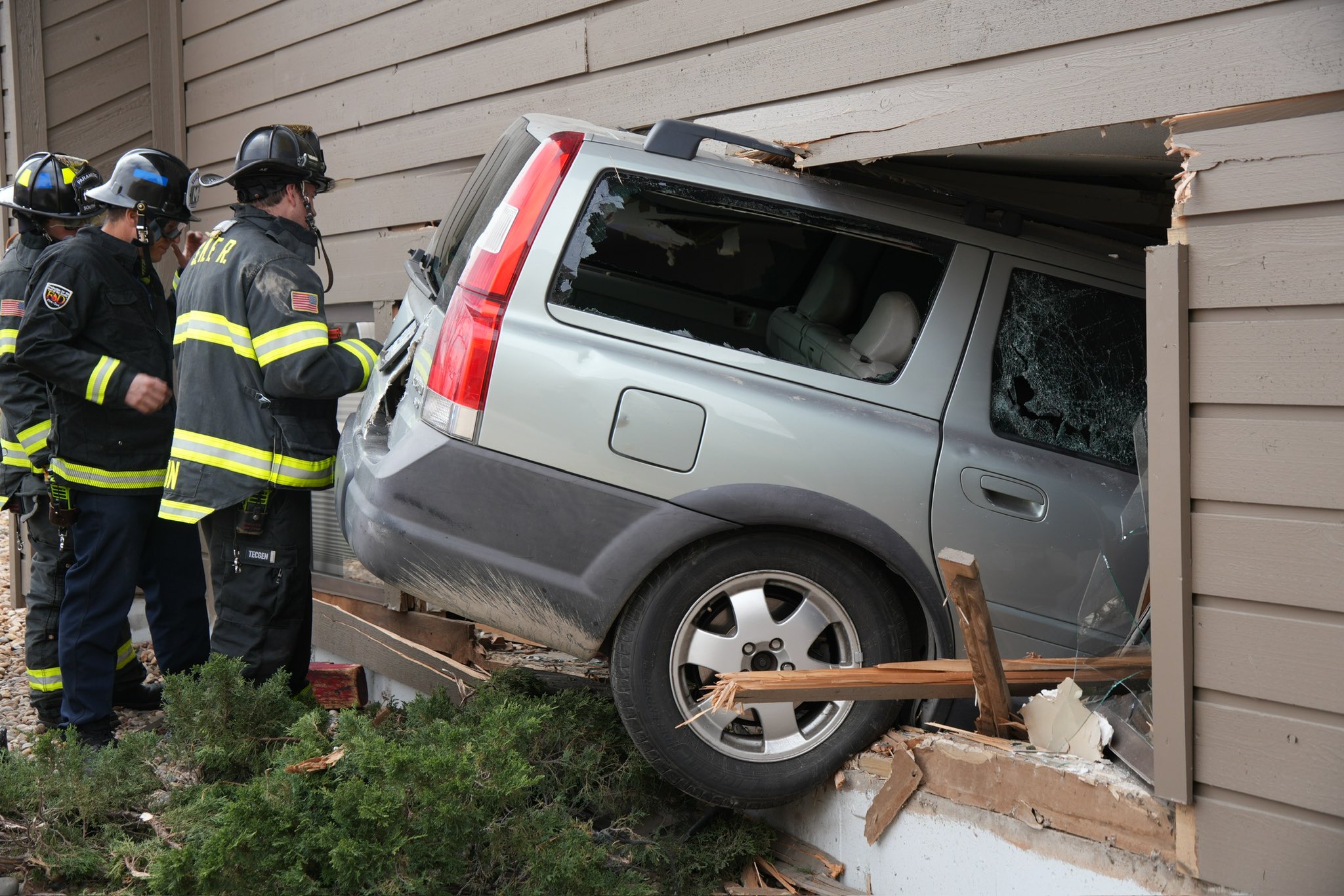 South Metro Fire Rescue crews inspect a vehicle that crashed into multiple buildings in Centennial, Colorado Monday, April 14, 2025. (Courtesy, South Metro Fire Rescue)