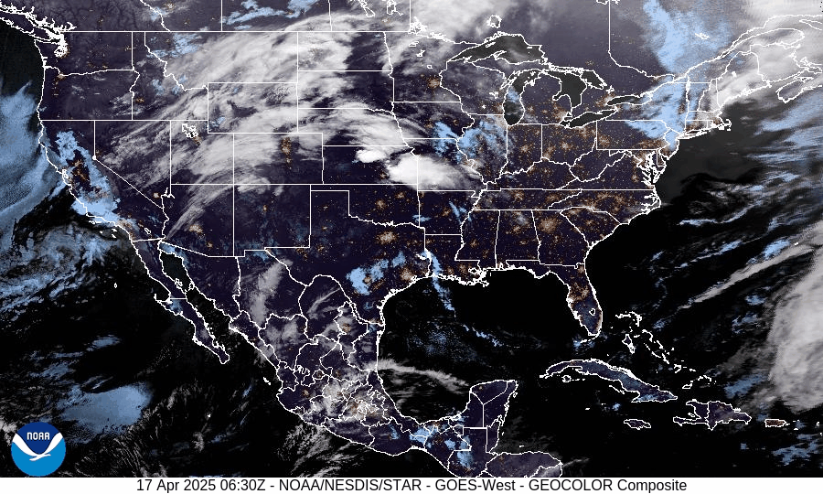 Satellite loop of the contiguous U.S. on Thursday, April 17, 2025. A mid-April storm system formed across the Great Basin and was forecast to bring heavy snow and rain to Colorado from Friday, April 18 to Sunday, April 20. (CIRA/NOAA)