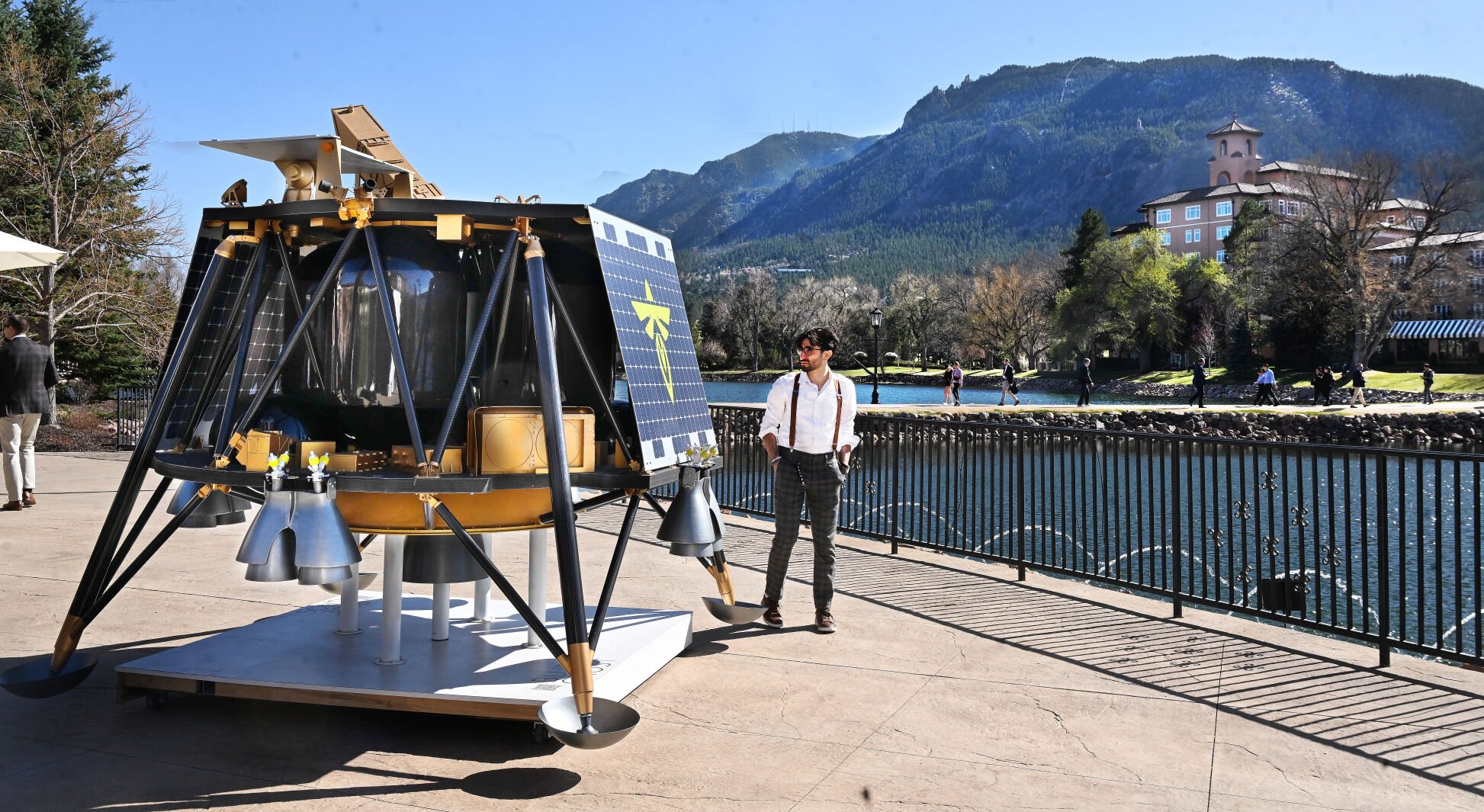 A Firefly Aerospace’s Blue Ghost lunar lander is on display at on the lake terrace at the Broadmoor Hotel during this week’s Space Symposium on Monday, April 7, 2025. Firefly’s Blue Ghost Mission 1 launched on January 15 and performed the first fully successful commercial Moon landing on March 2. The 40th Space Symposium is being held at the Broadmoor Hotel April 7-10 this week. (Jerilee Bennett, The Gazette)
