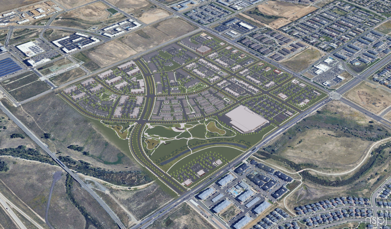 An aerial rendering of Link 56, near Denver International Airport. (Courtesy photo, Kensington Development Partners and IM Properties)