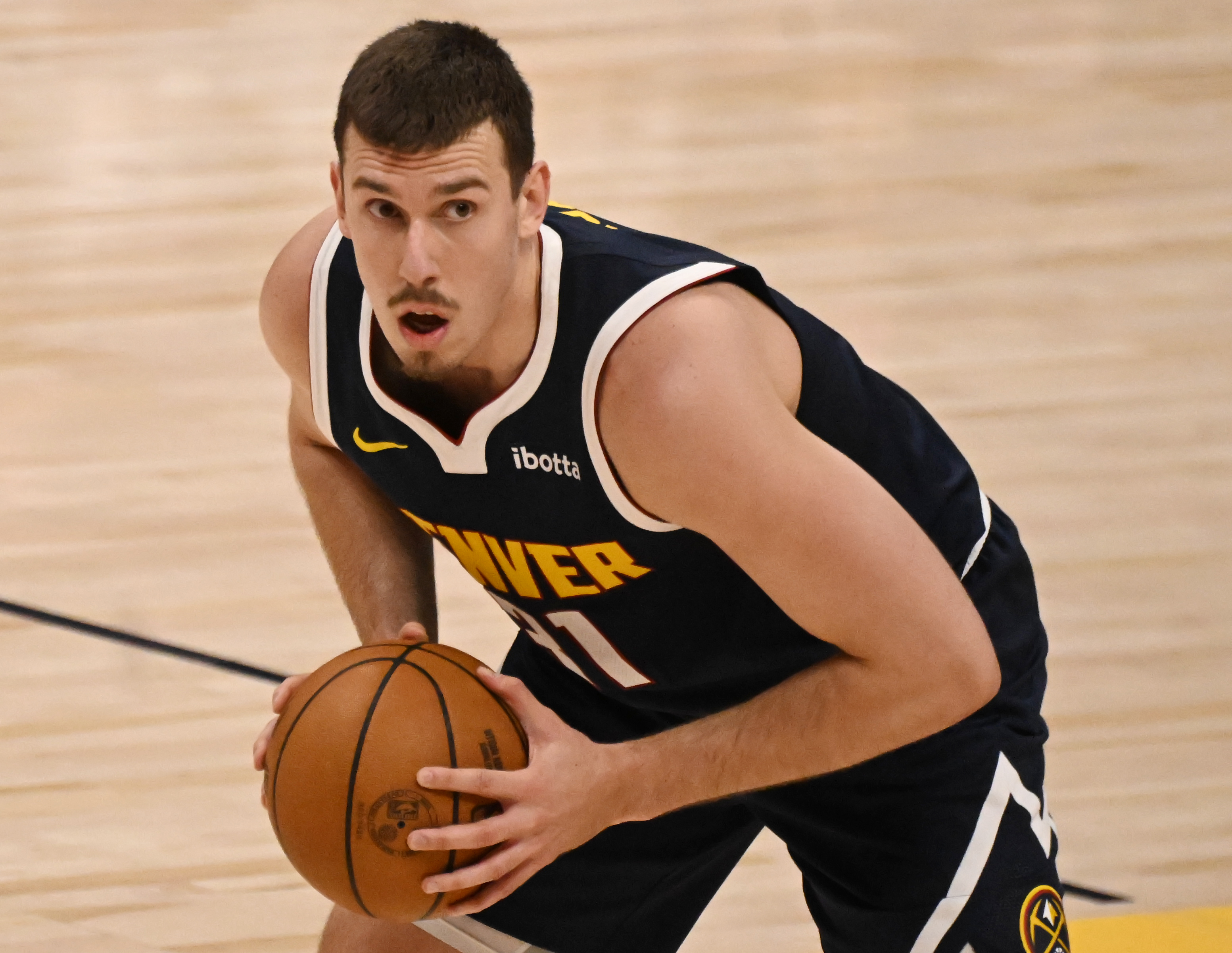 Denver Nuggets forward Vlatko Cancar (31) controls the ball during a game against the Spurs at Ball Arena on Thursday, April 3, 2025. (Jerilee Bennett,The Gazette)