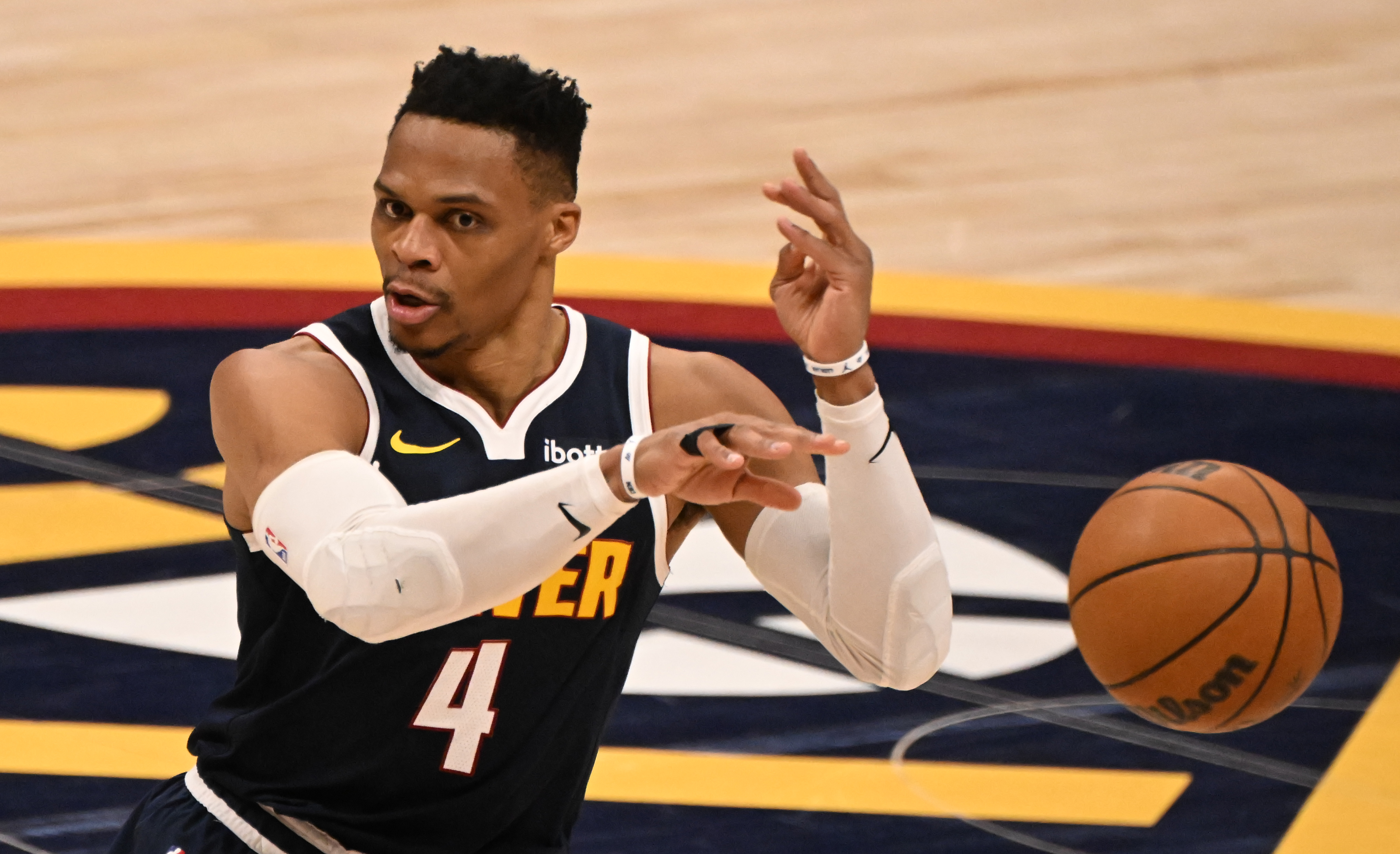 Nuggets Russell Westbrook makes a sideway pass in the 2nd quarter during a game against the Spurs at Ball Arena on Wednesday, April 2, 2025. (Jerilee Bennett,The Gazette)