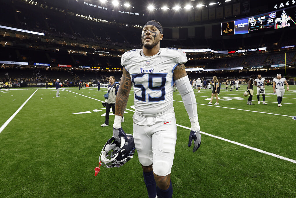 Tennessee Titans linebacker Shane Ray (59) walks off the field after an NFL preseason football game against the New Orleans Saints, Sunday, Aug. 25, 2024, in New Orleans. (AP Photo/Tyler Kaufman) (Tyler Kaufman)
