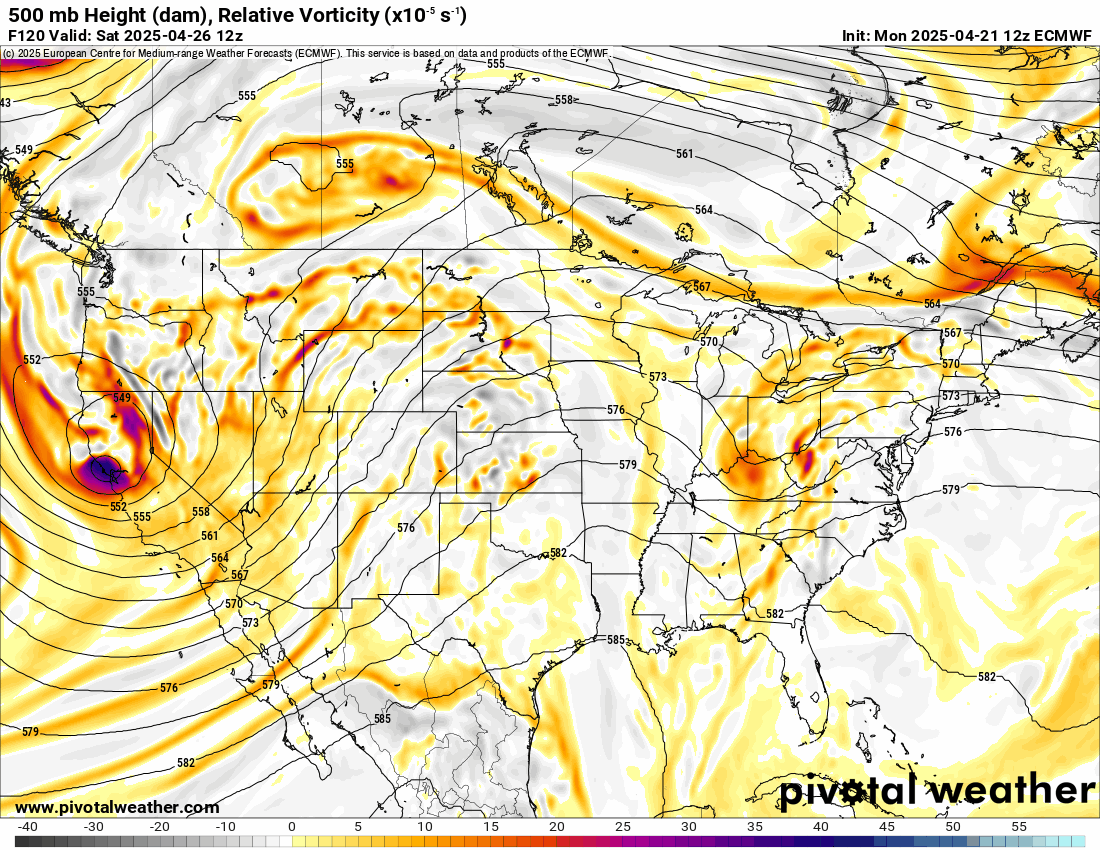 An ECWMF 500 mb Height (dam), Relative Vorticity forecast loop of the U.S. from 6 a.m., Saturday, April 26 to 6 a.m., Wednesday, April 30, 2025. (PivotalWeather.com)