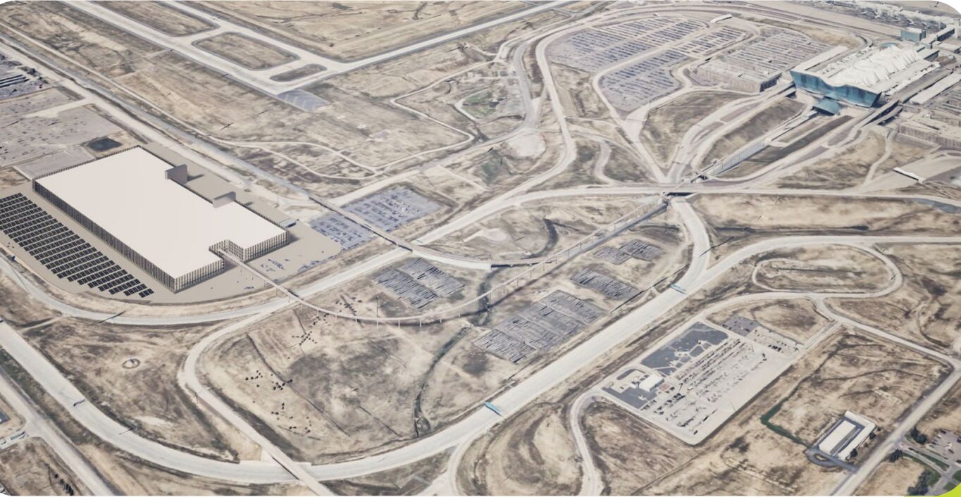 A conceptual drawing of DIA's proposed new consolidated rental car facility, or ConRAC. The ConRAC, along with a proposed common transport system, aims to reduce traffic and environmental impact. (Denver International Airport slide Presentation)