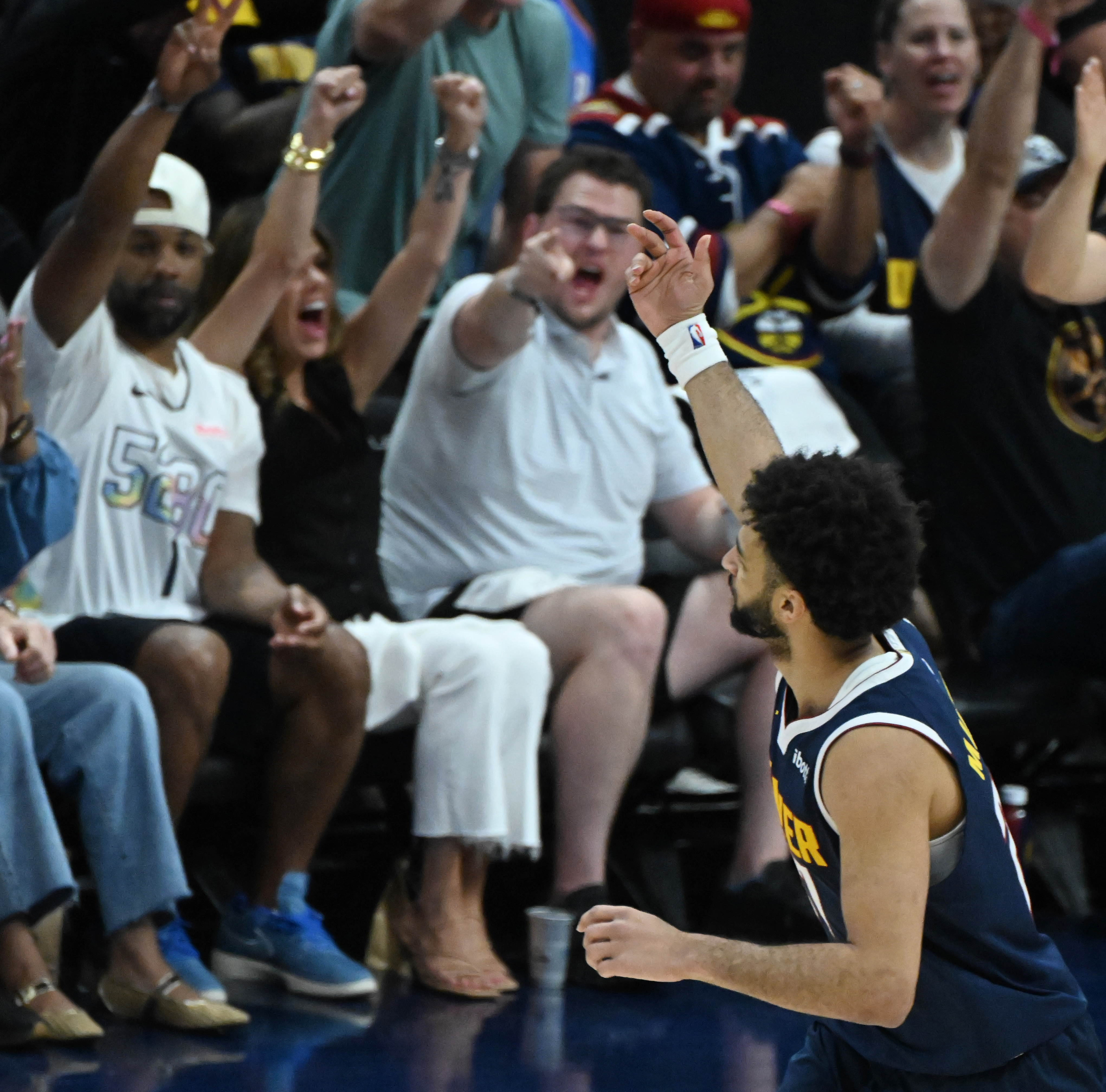 Denver Nuggets guard Jamal Murray (27) gestures to the crowd after making 3 points during the 3rd quarter of game 4 of the second round of the Western Conference Championship at Ball Arena on Sunday, May 11, 2025. (Jerilee Bennett,The Gazette)