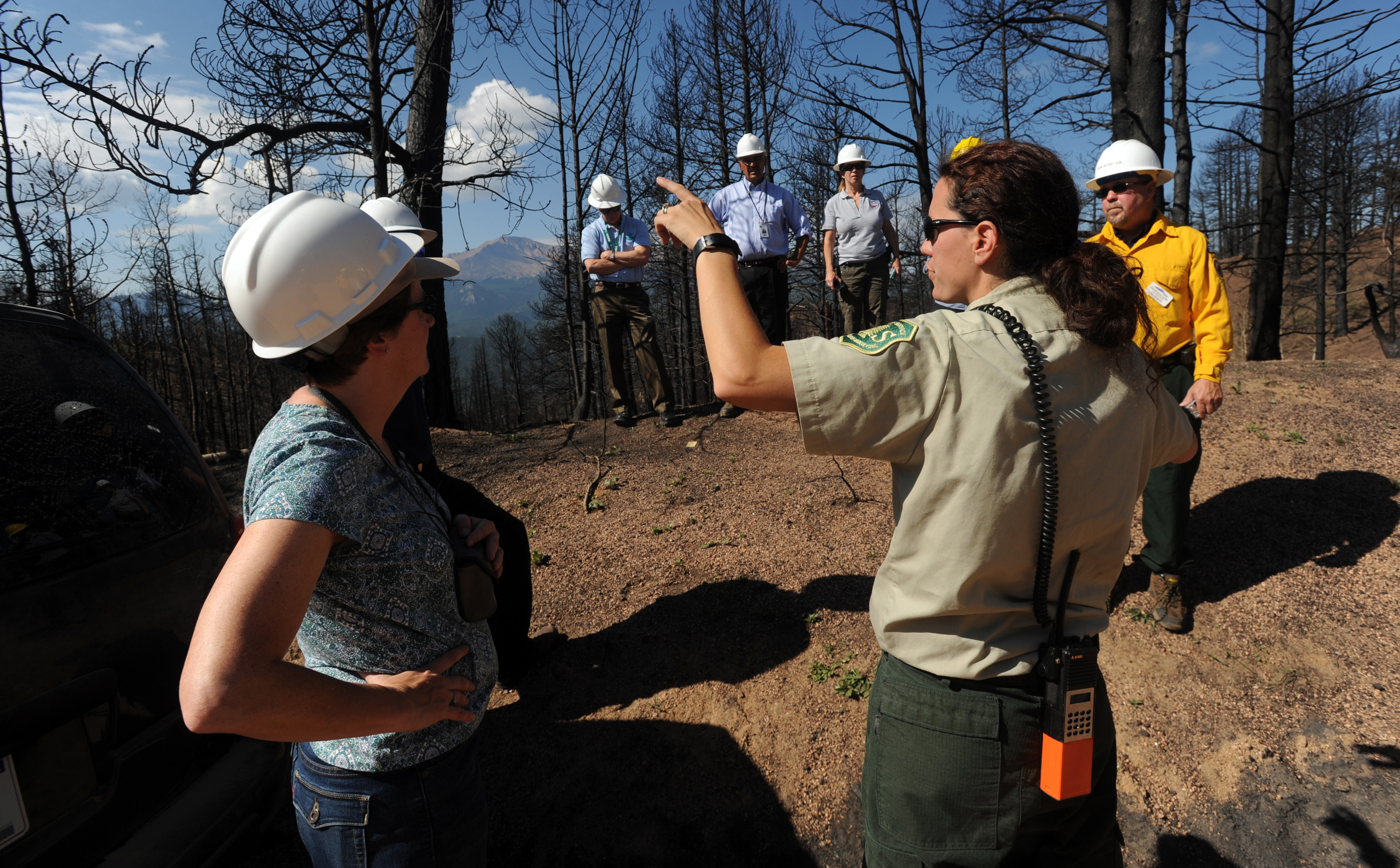 Mary Moore, hydrologist for U.S. Forest Service, explains the erosion control project to EPA officials in 2012 on the Waldo Canyon fire area near Rampart Reservoir. (Christian murdock, gazette file)