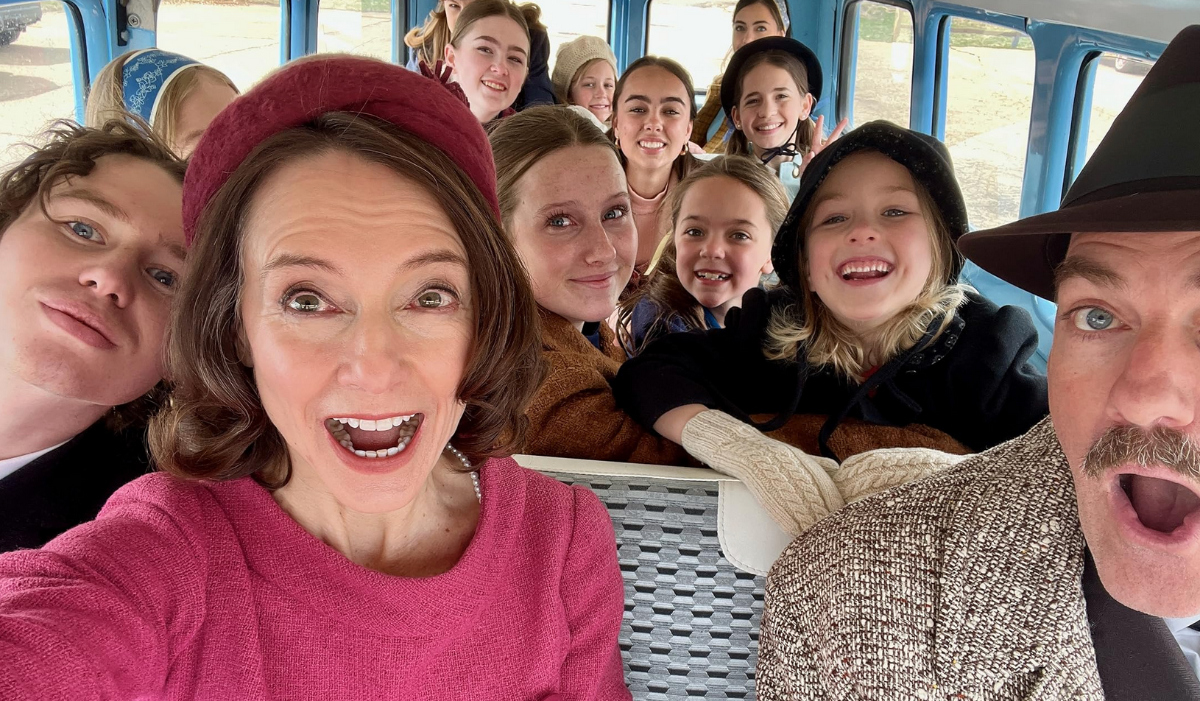 Denver actor Amie MacKenzie and Steven Cole Hughes (along with some of the 13 children who play their fictional children) paused for a selfie while shooting the upcoming family drama 'The Man Who Changed the World.' in Boulder in April 2025. (AMIE MacKENZIE SELFIE)
