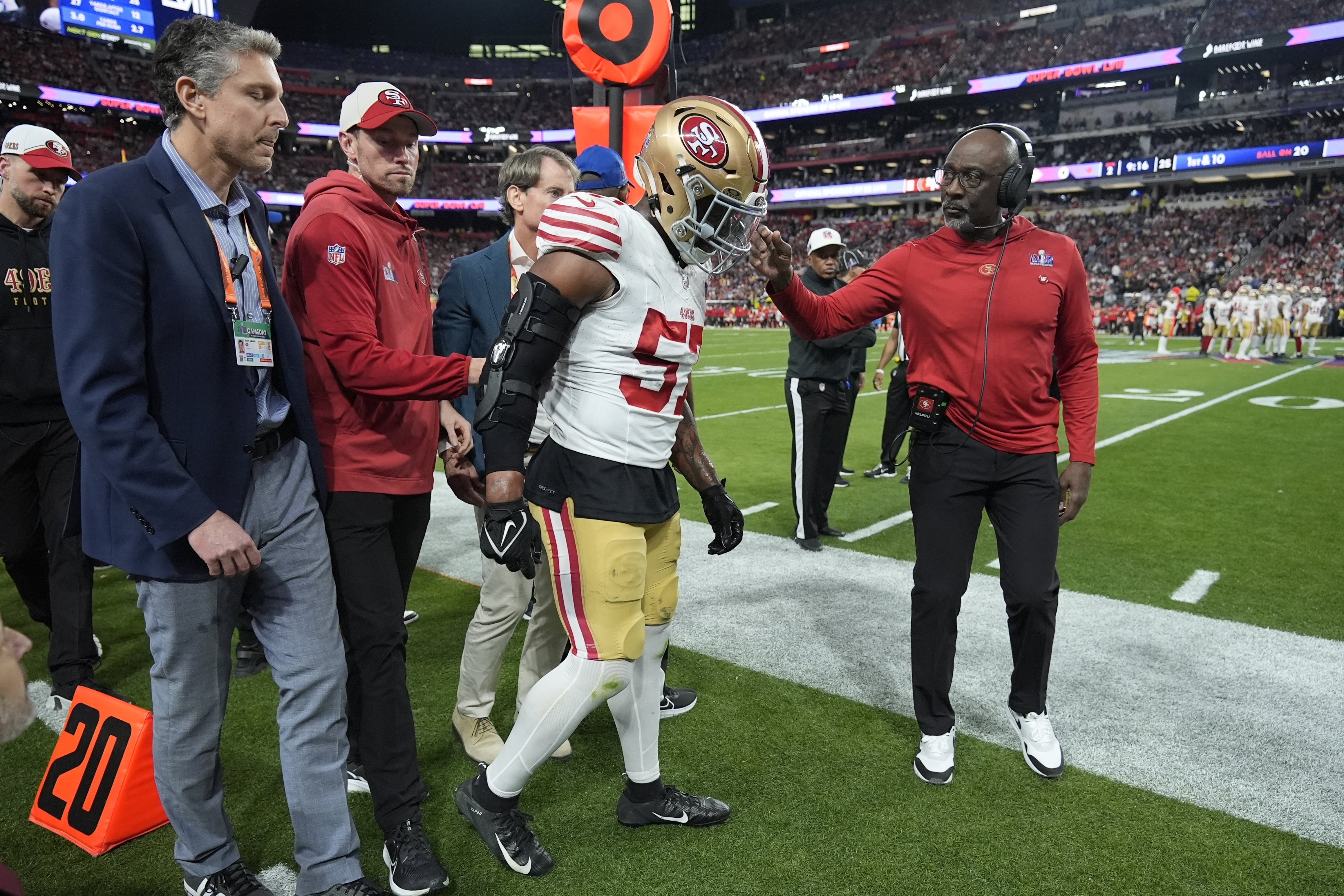 San Francisco 49ers linebacker Dre Greenlaw (57) is helped after an injury against the Kansas City Chiefs during the first half of the NFL Super Bowl 58 football game Sunday, Feb. 11, 2024, in Las Vegas. (AP Photo/Ashley Landis) (Ashley Landis)