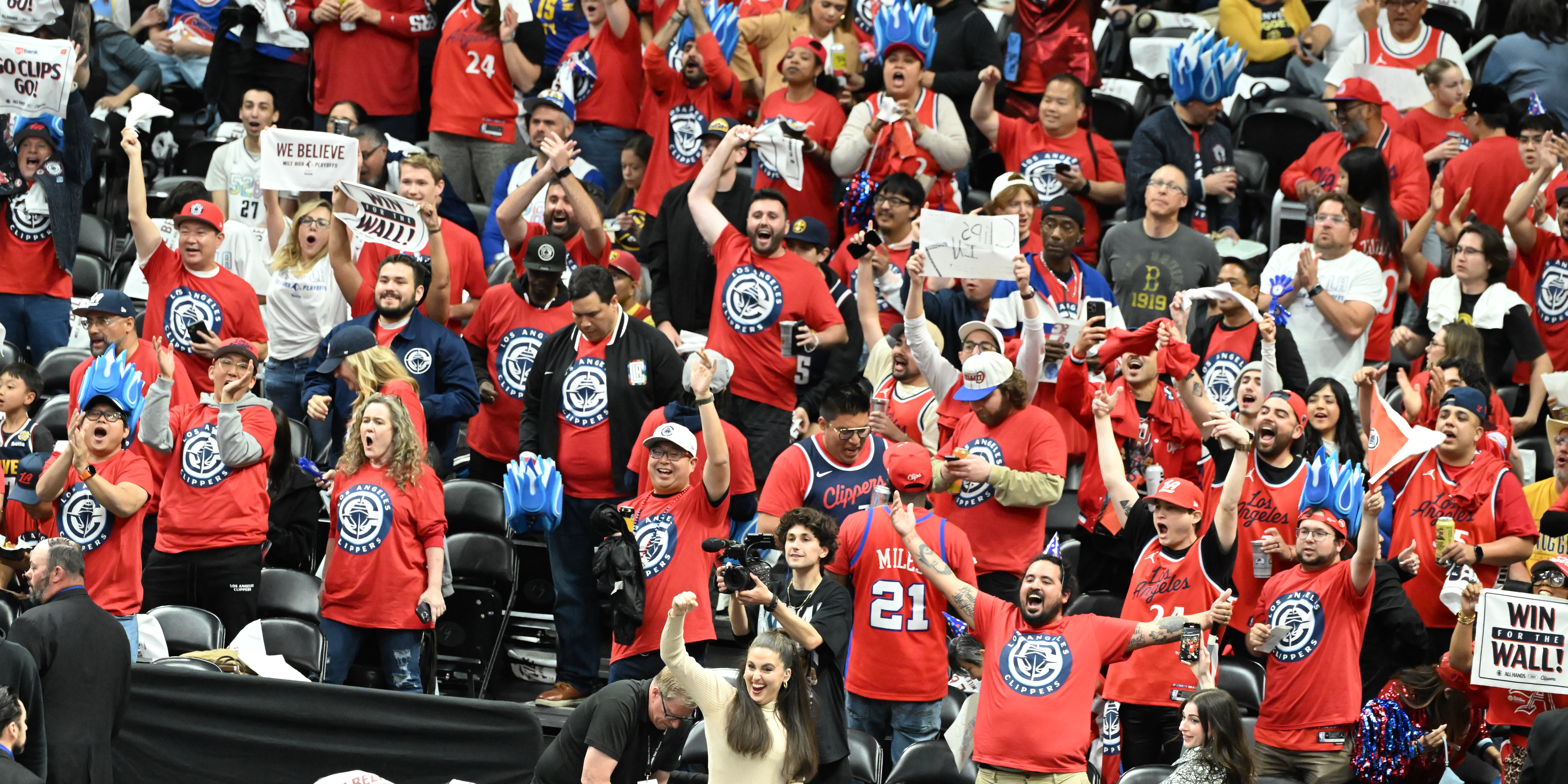 Evidently the owner of the Clippers bought up a lot of the very expensive seats right next to Nuggets bench and flew out Clippers fans for game 7 between the Clippers and the Nuggets at Ball Arena on Saturday, May 3, 2025. (Jerilee Bennett,The Gazette)