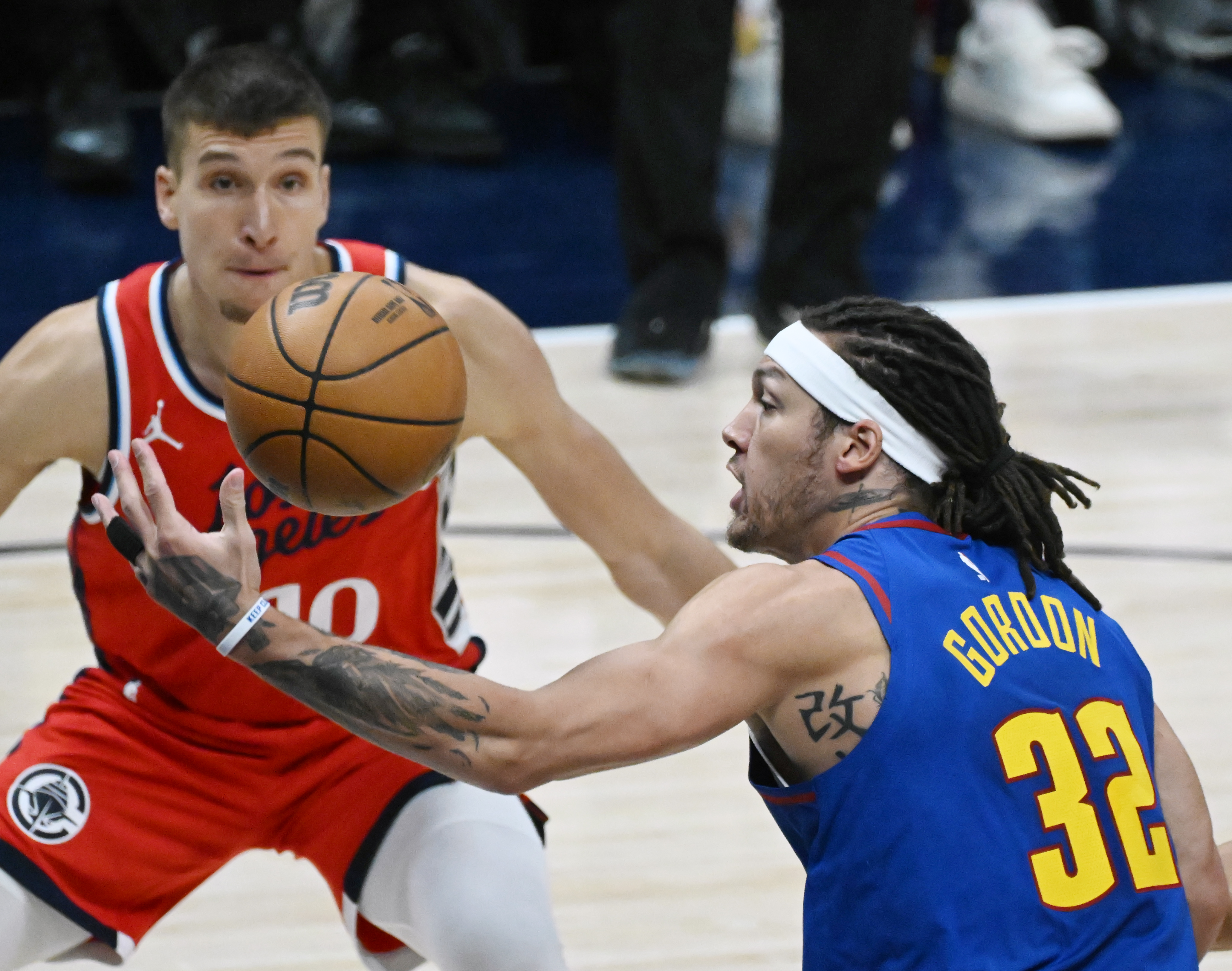 Denver Nuggets forward Aaron Gordon (32) baubles the ball and gets it back during the 4th quarter of Game 7 of Round 1 of the Western Conference Championship on Saturday, April 3, 2025. The Nuggets defeated the Clippers 120-101 and will play the Thunder in the second round. (Jerilee Bennett,The Gazette)