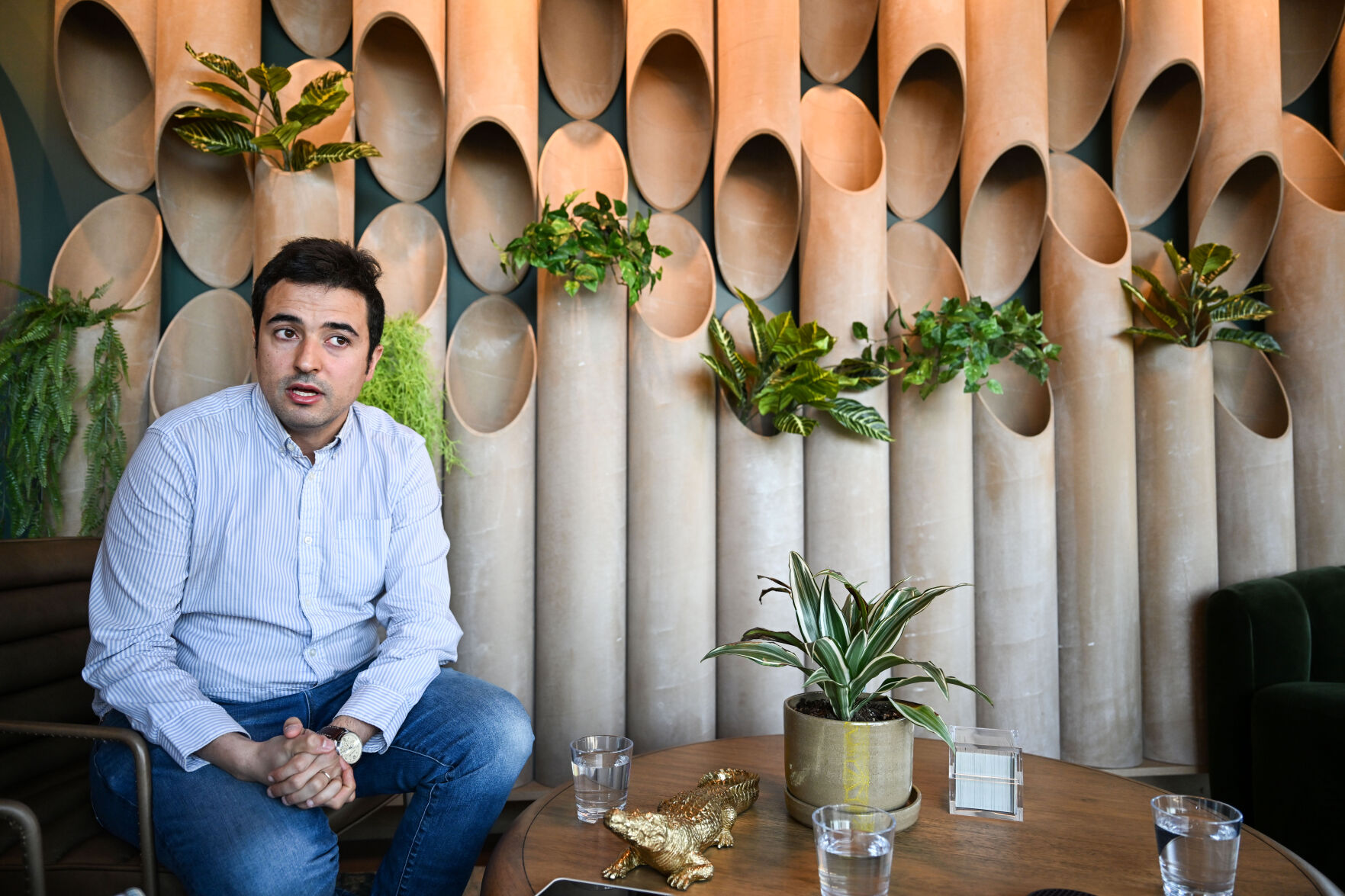 Damien Zouaoui, owner of Oakwell Beer Spa with his wife, Jessica (not pictured), talks with a reporter in the lobby of their new location in Highlands Ranch on Thursday, April 10, 2025. (Stephen Swofford, Denver Gazette) (StephenSwoffordPhotographerstephen.swofford@gazette.comhttps://secure.gravatar.com/avatar/1ddcaf11c5d70eaa58546ddc4e038687?d=mm&r=g)