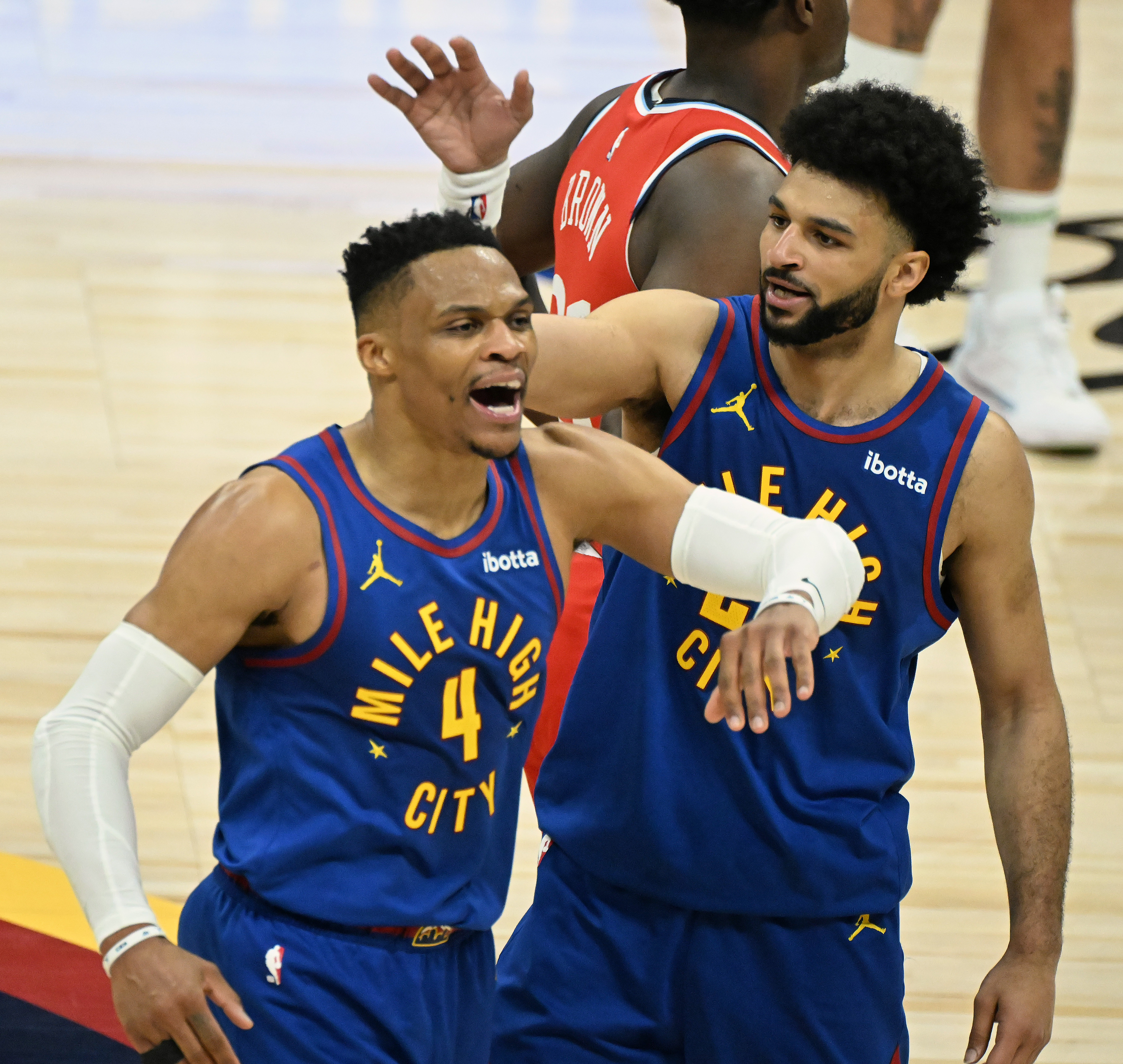 Denver Nuggets guard Jamal Murray (27) pats Denver Nuggets guard Russell Westbrook (4) on the head after Westbrook got a steal and a basket during the 4th quarter as the Nuggets started their rout of the Clippers in Game 7 of Round 1 of the Western Conference Championship on Saturday, April 3, 2025. The Nuggets defeated the Clippers 120-101 and will play the Thunder in the second round. (Jerilee Bennett,The Gazette)