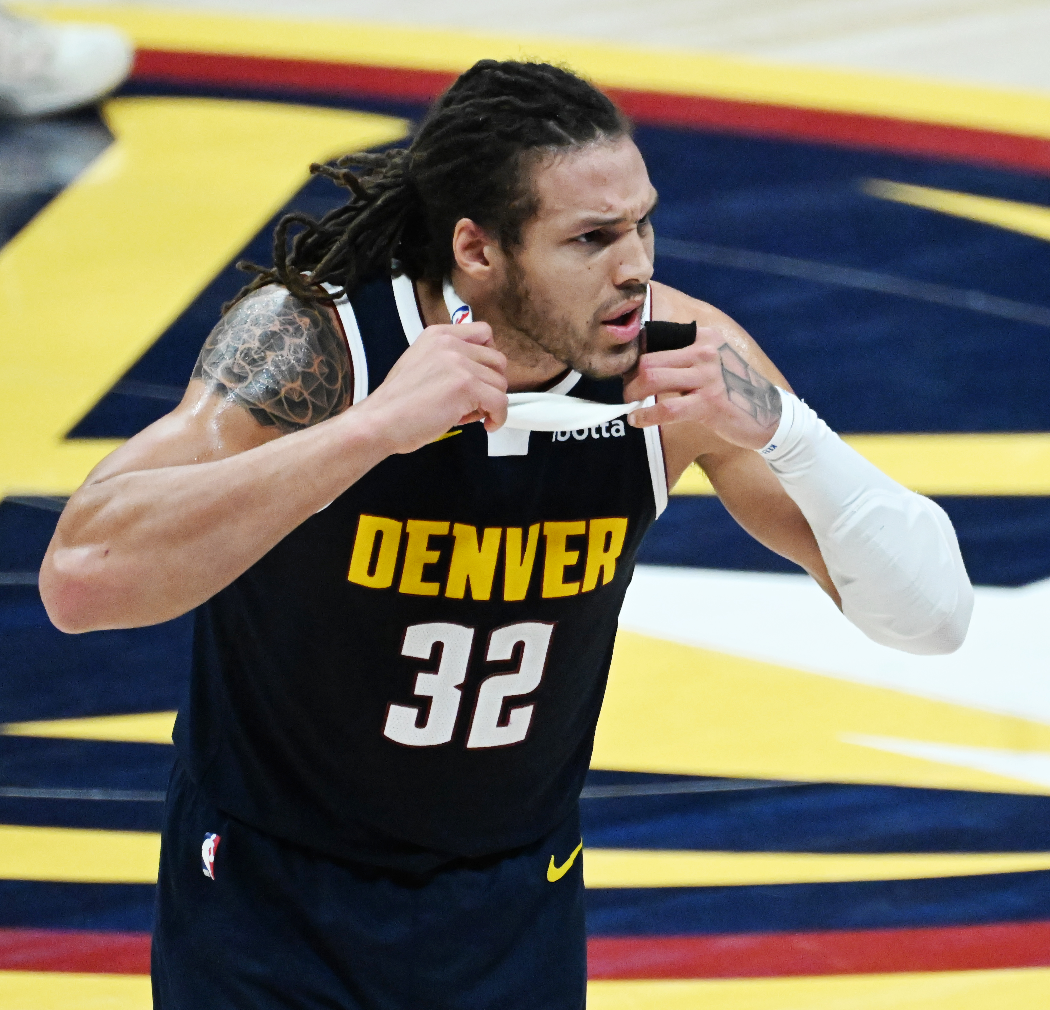 Denver Nuggets forward Aaron Gordon (32) pulls his headband in frustration after a foul call as he pleads with the referee during the 4th quarter of game 4 of the second round of the Western Conference Championship at Ball Arena on Sunday, May 11, 2025. (Jerilee Bennett,The Gazette)