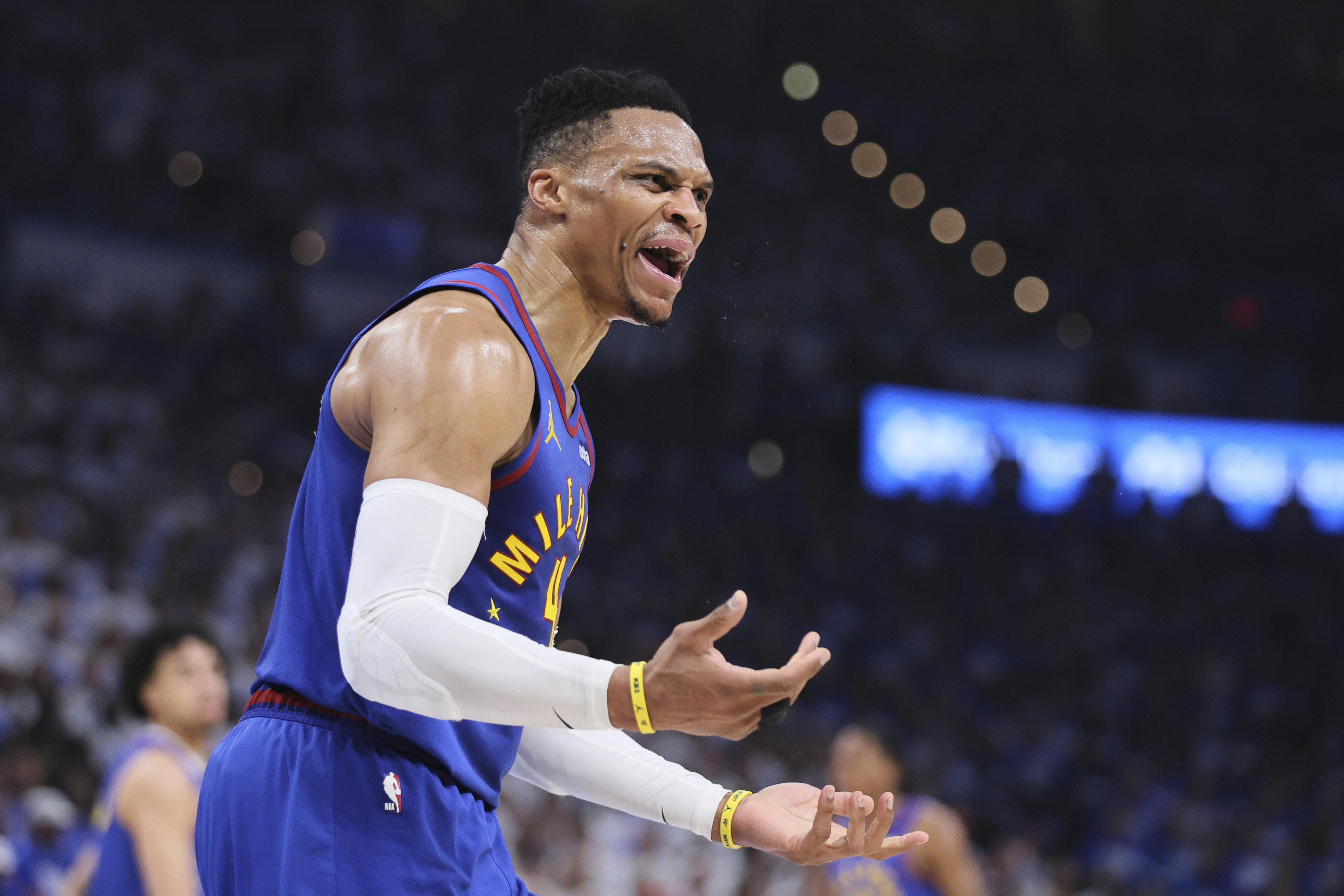 Denver Nuggets' Russell Westbrook reacts to play in the first half of Game 5 of an NBA basketball second-round playoff series against the Oklahoma City Thunder Tuesday, May 13, 2025, in Oklahoma City. (AP Photo/Nate Billings) (Nate Billings)