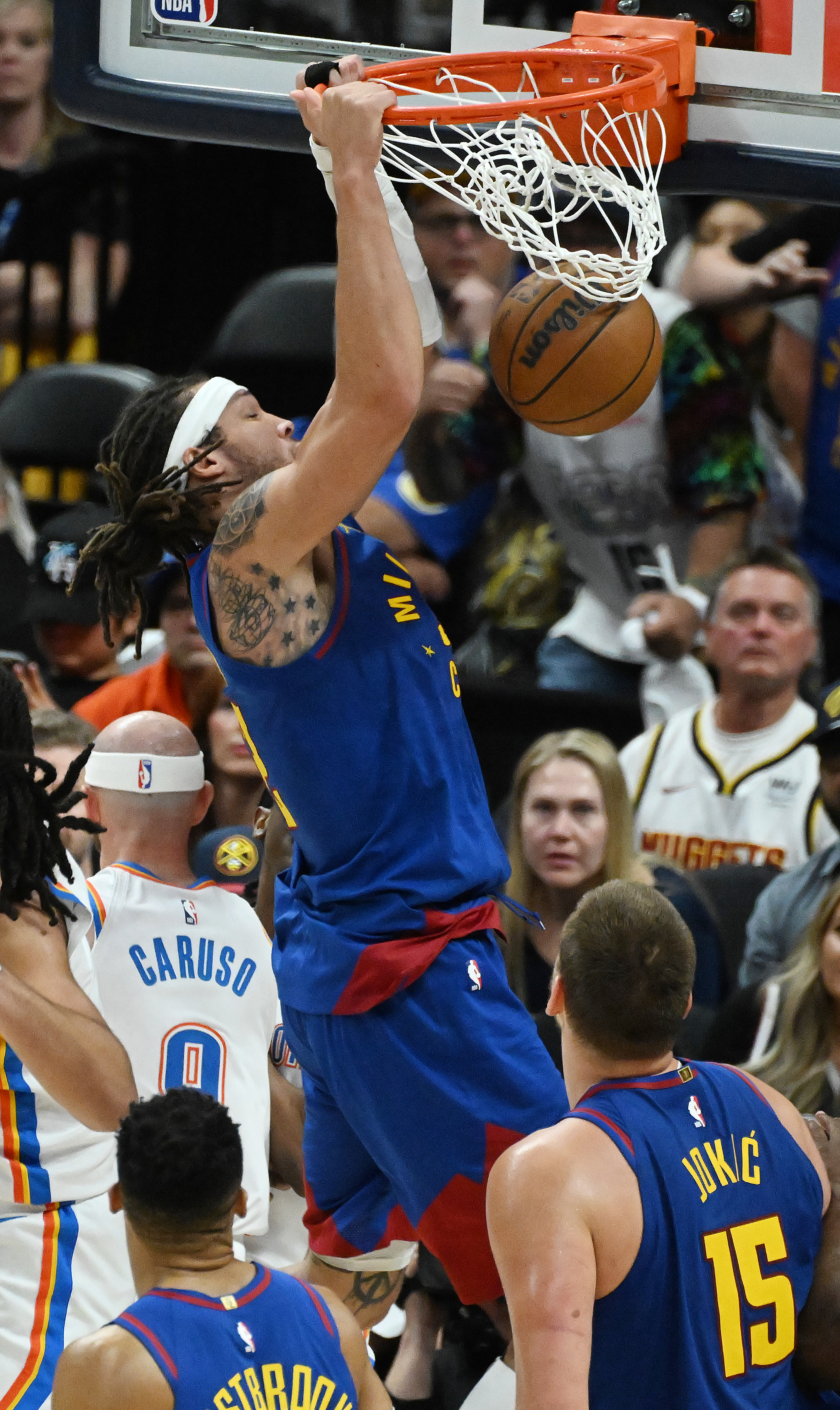 Denver Nuggets forward Aaron Gordon (32) dunks the ball during the 3rd quarter of game 3 of round 2 of the Western Conference Championship at Ball Arena on Friday, May 9, 2025. (Jerilee Bennett,The Gazette)