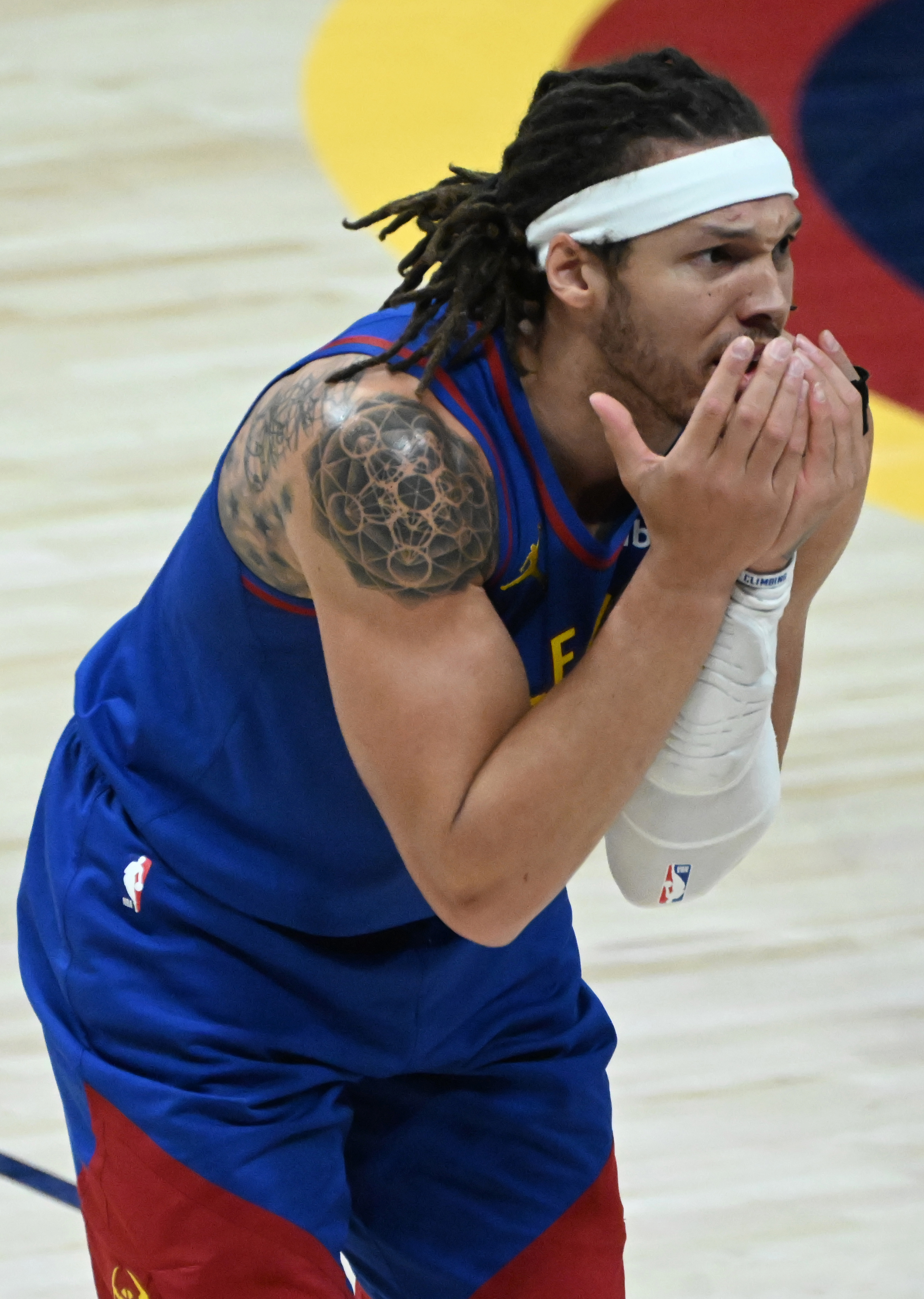 Denver Nuggets forward Aaron Gordon (32) has a sarcastic reaction to a foul during the 3rd quarter of game 3 of round 2 of the Western Conference Championship at Ball Arena on Friday, May 9, 2025. (Jerilee Bennett, The Gazette)