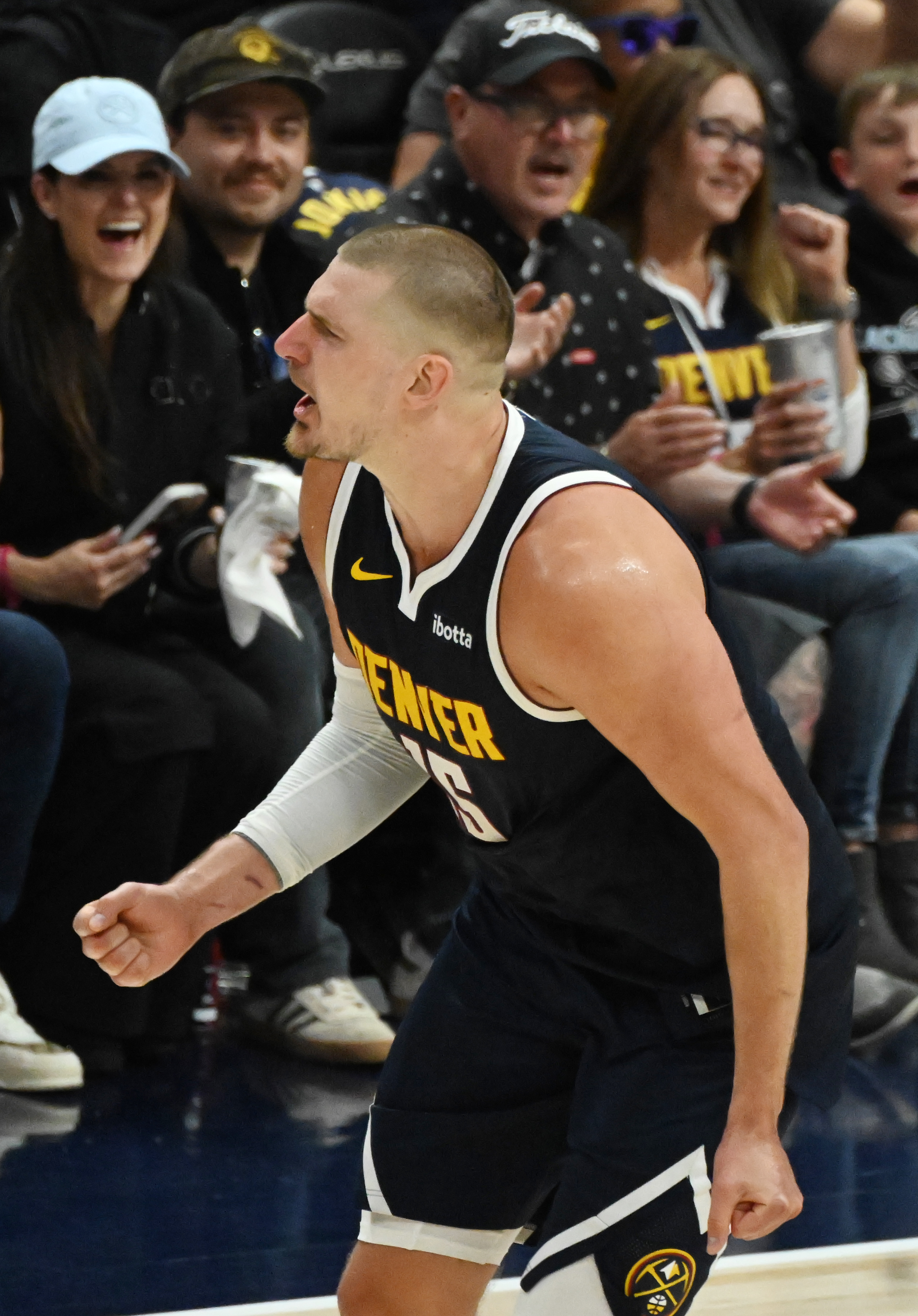 Denver Nuggets center Nikola Jokic (15) celebrates during the 4th quarter of game 4 of the second round of the Western Conference Championship at Ball Arena on Sunday, May 11, 2025. (Jerilee Bennett,The Gazette)