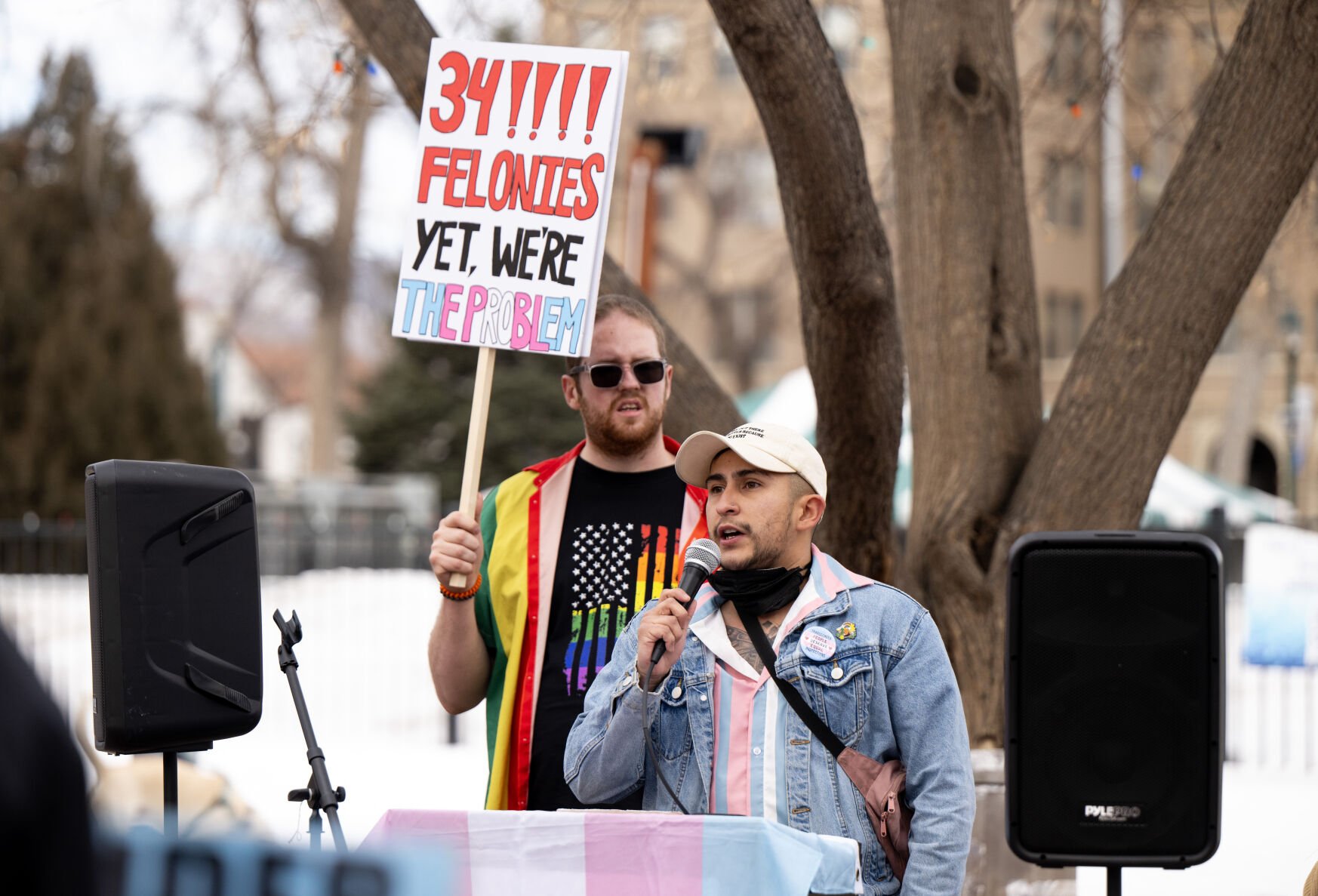 Sgt. Mason Benavides speaks about his experience as a transgender service member at a Protect Trans Siblings Rally at Acacia Park on Jan. 31, 2025, in Colorado Springs, Colo. (Parker Seibold, The Gazette) (Parker Seibold)