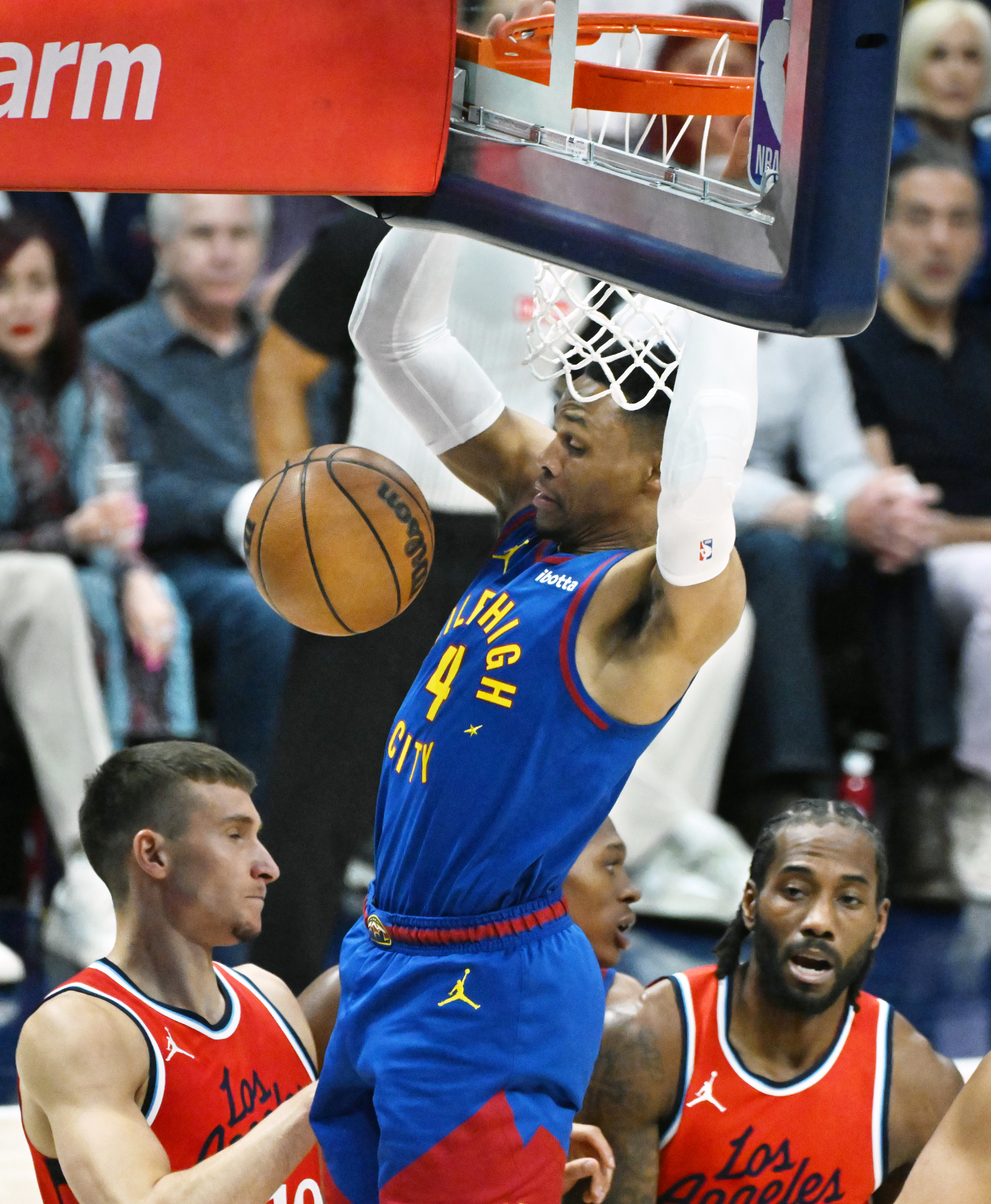 Denver Nuggets guard Russell Westbrook (4) dunks the ball during the second quarter of game 7 against the Clippers in the first round of the Western Conference Championship on Saturday, May 3, 2025 at Ball Arena. (Jerilee Bennett,The Gazette)