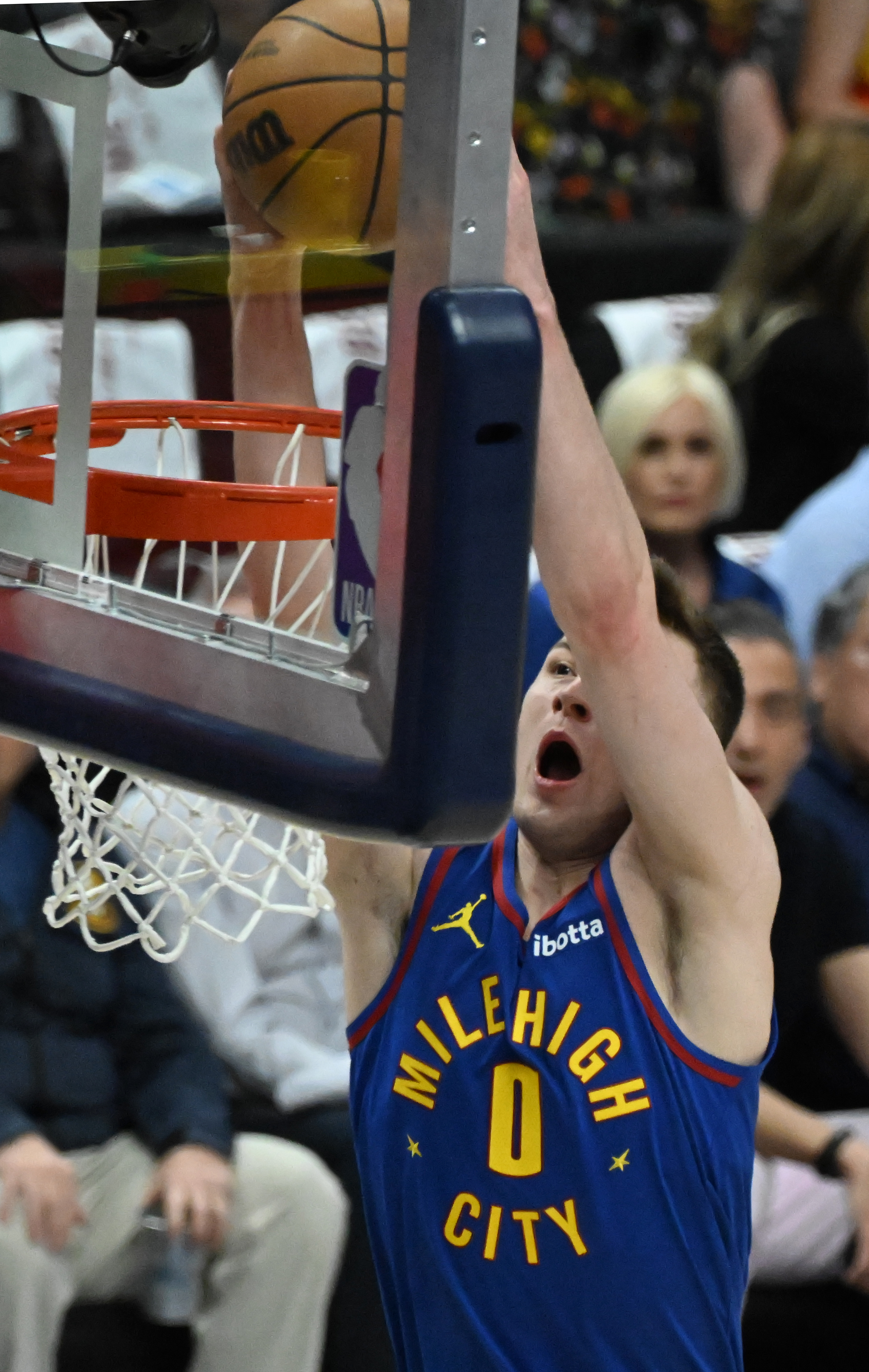 Denver Nuggets guard Christian Braun (0) dunks the ball during the first quarter of game 7 against the Clippers in the first round of the Western Conference Championship on Saturday, May 3, 2025 at Ball Arena. (Jerilee Bennett,The Gazette)