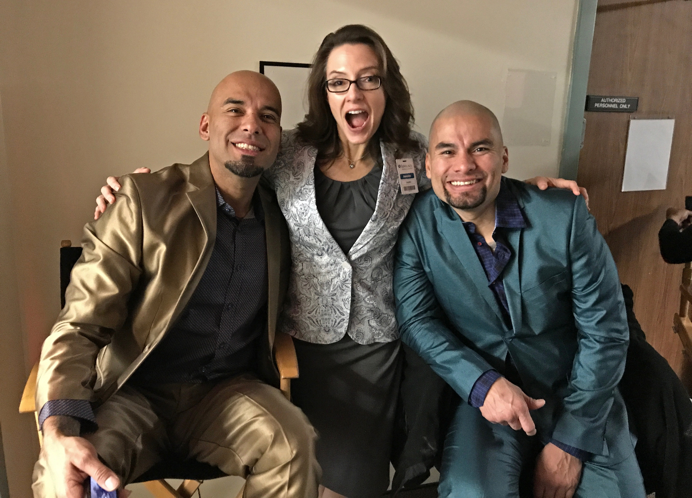 Denver actor Amie MacKenzie on the set of 'Better Call Saul' with brothers Daniel (left) and Luis Moncada in 2018. (COURTESY AMIE MacKENZIE)
