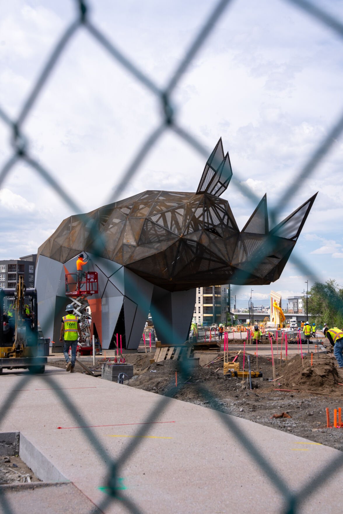 An in-progress photo of the RiNo rhino sculpture