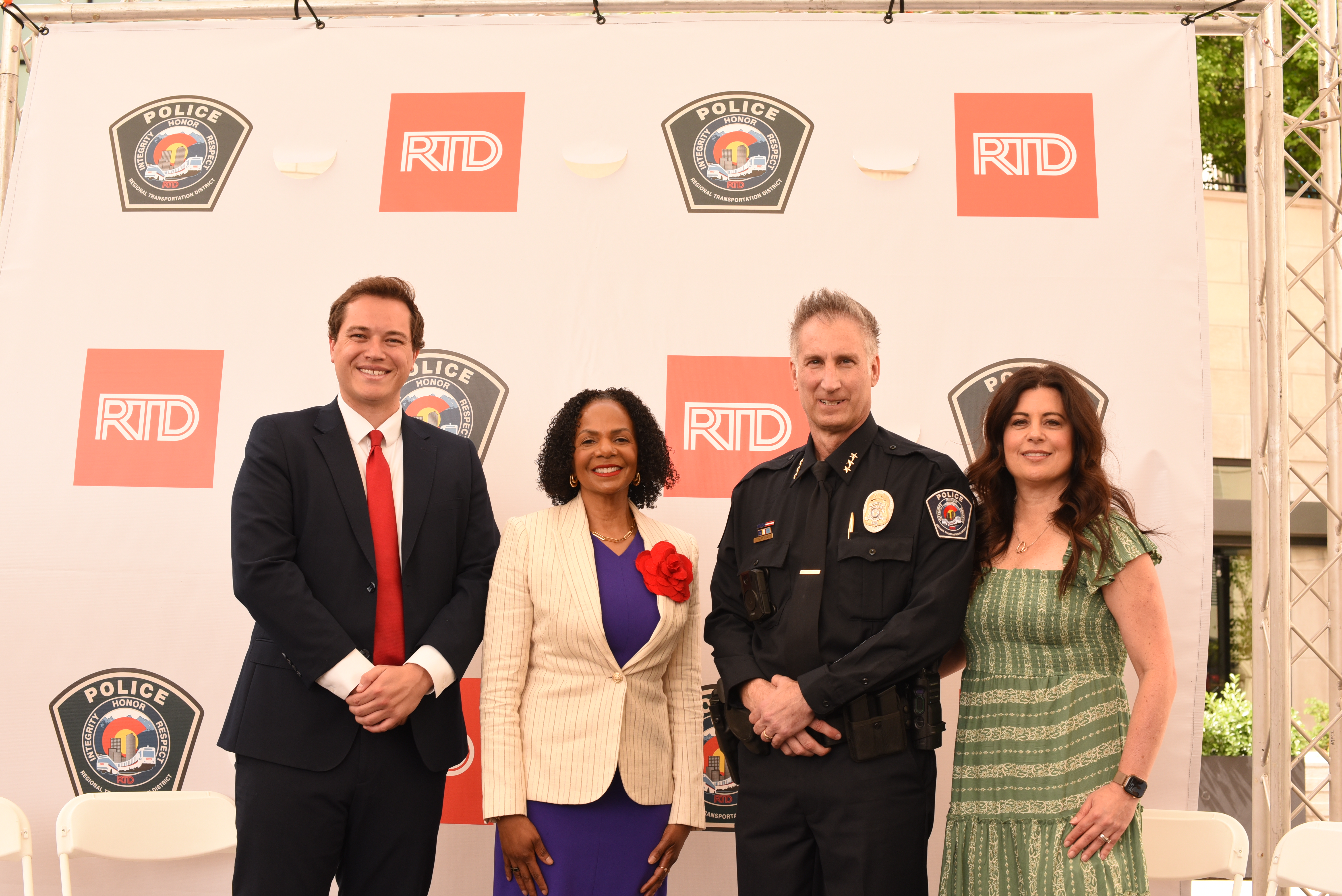 New RTD Chief Steve Martingano and his wife (right) pose for a photo with RTD Board Chair Julien Bouquet (left) and RTD General Manager and CEO Debra Johnson (second from left) at Martingano's swearing in ceremony on Tuesday, May 13, 2025. (Michael Braithwaite / The Denver Gazette) (Michael Braithwaite / The Denver Gazette)