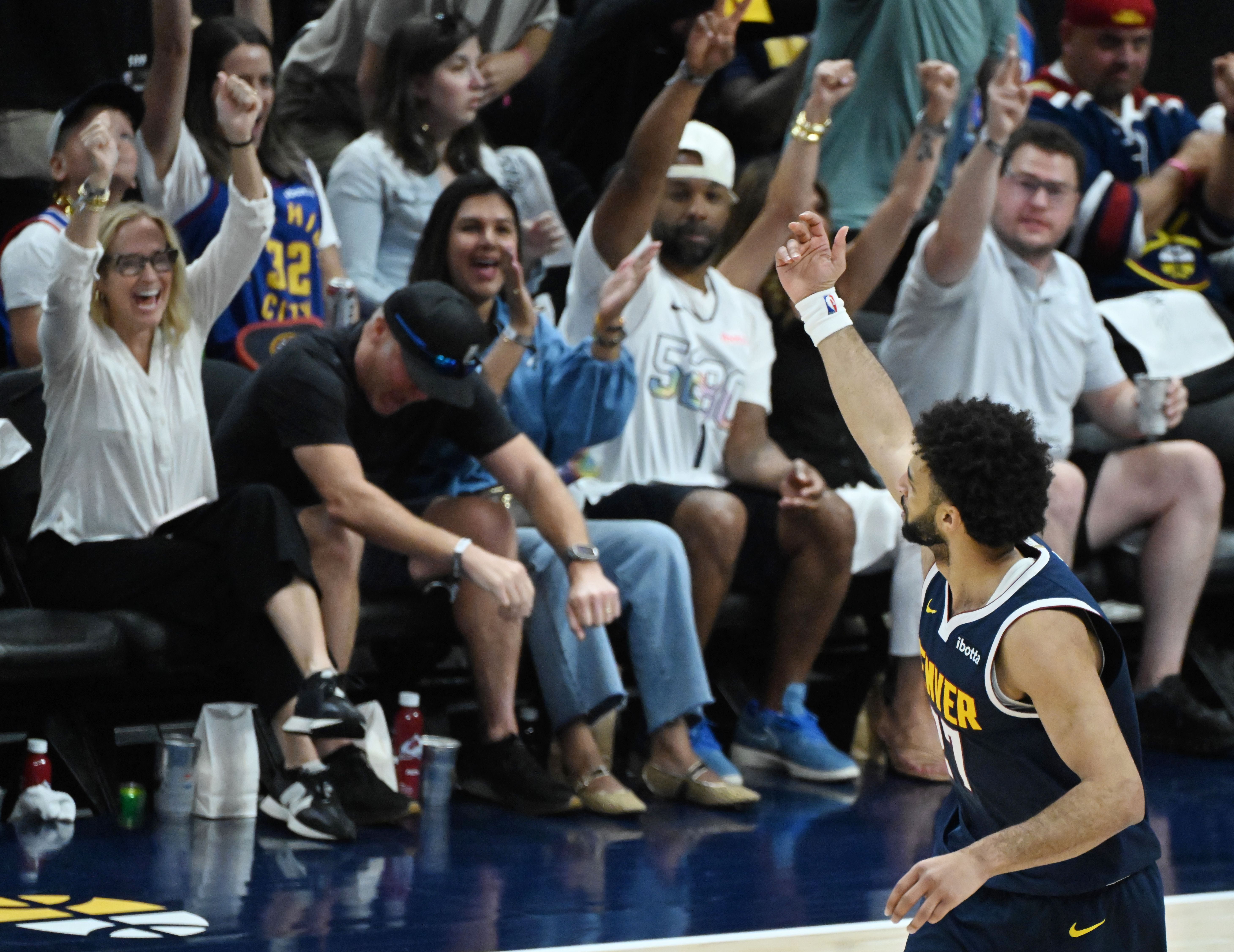 Denver Nuggets guard Jamal Murray (27) gestures to the crowd after making 3 points during the 3rd quarter of game 4 of the second round of the Western Conference Championship at Ball Arena on Sunday, May 11, 2025. (Jerilee Bennett,The Gazette)