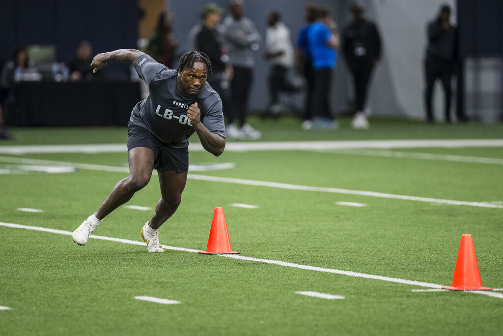 Kansas' JB Brown runs a drill during the Big 12 Conference's NFL football pro day Wednesday, March 19, 2025, in Frisco, Texas. (AP Photo/Jessica Tobias) (Jessica Tobias)