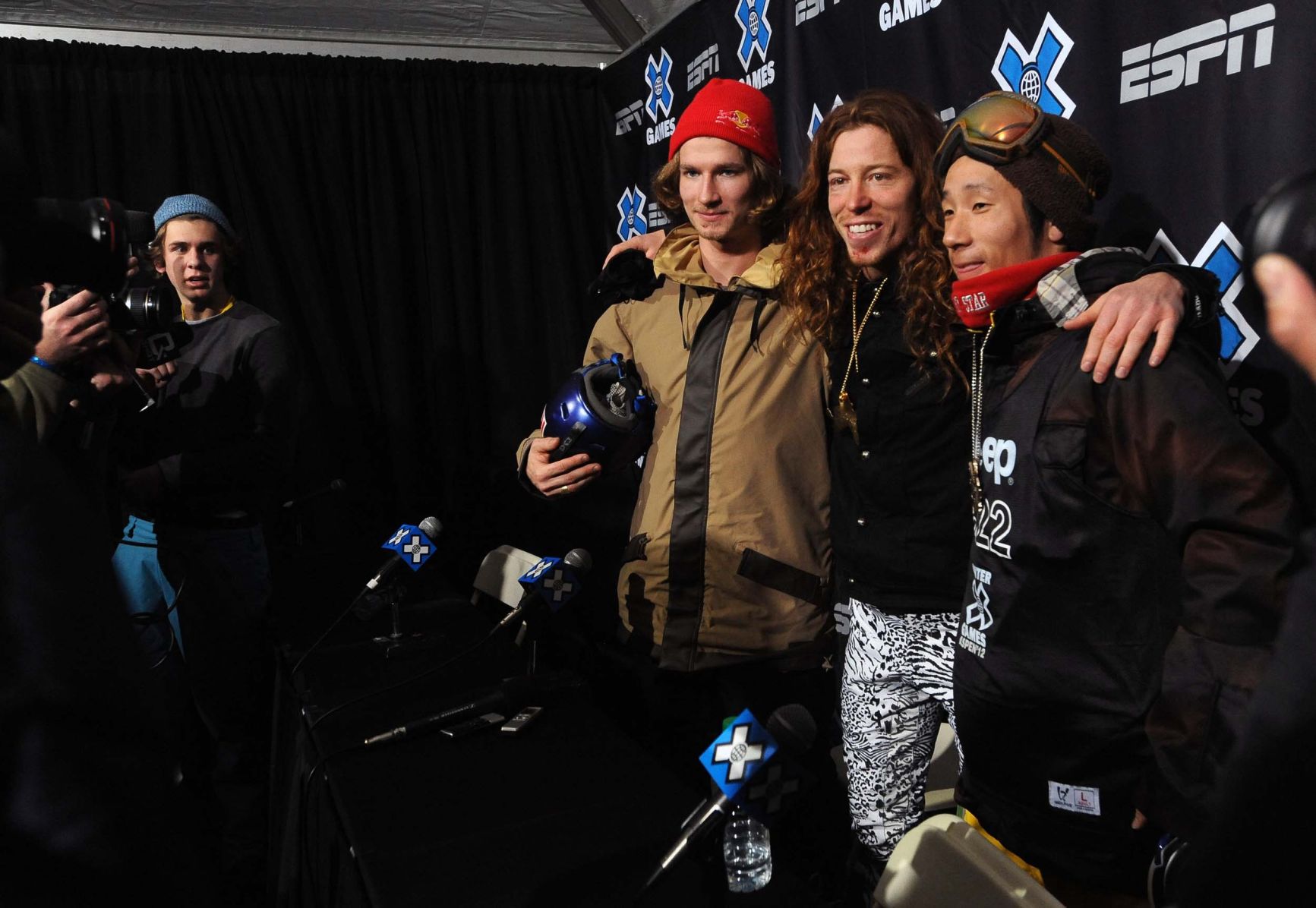 CHRISTIAN MURDOCK, THE GAZETTEGold medalist Shaun White, center, poses for a picture with silver medalist Iouri Podladtchikov, left, and bronze medalist Ryo Aono after a press conference Sunday, Jan. 29, 2012, after the men's snowboarding superpipe final at the Winter X Games at Buttermilk Mountain in Aspen, Colo. (The Gazette, Christian Murdock) (Christian murdock)