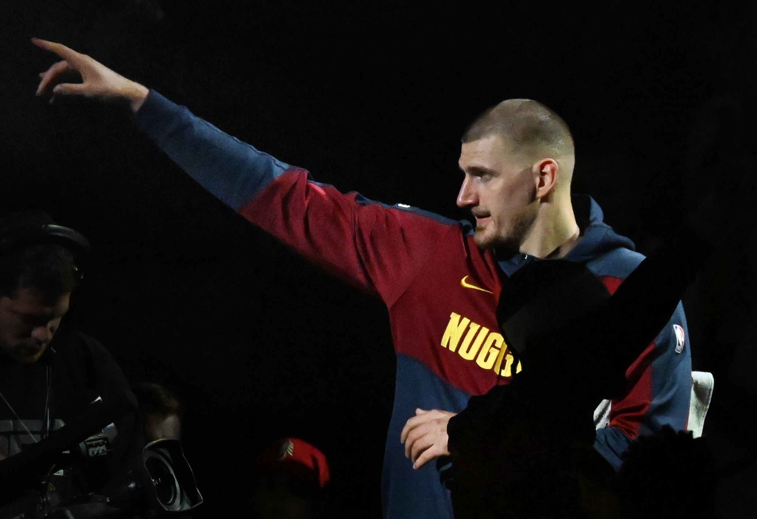 Denver Nuggets center Nikola Jokic (15) points to the crowd before the game 4 of the second round of the Western Conference Championship at Ball Arena on Sunday, May 11, 2025. (Jerilee Bennett,The Gazette)