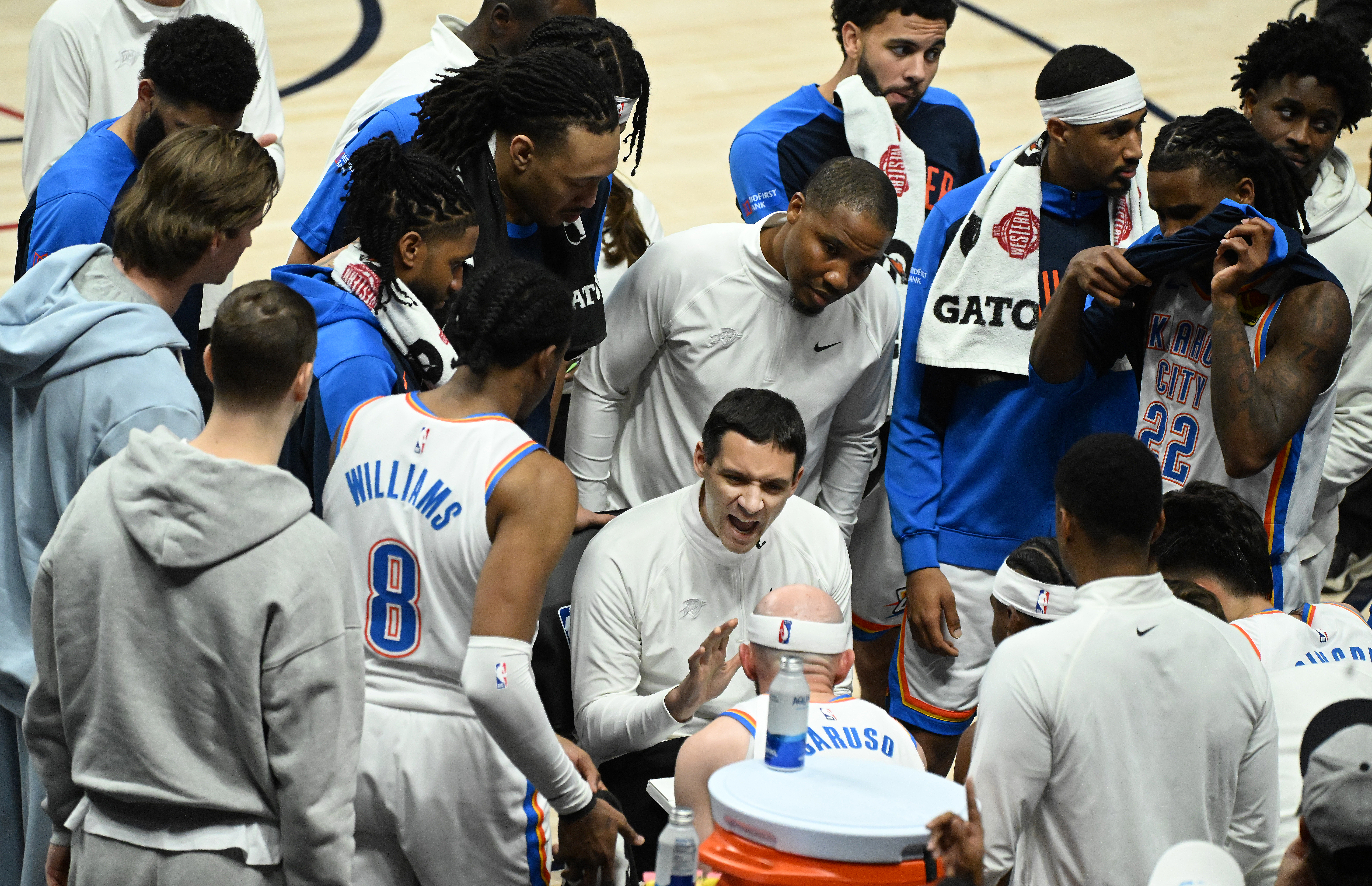 Thunder Head Coach Mark Daigneault talks to the team in a timeout during the 4th quarter of game 4 of the second round of the Western Conference Championship at Ball Arena on Sunday, May 11, 2025. (Jerilee Bennett,The Gazette)