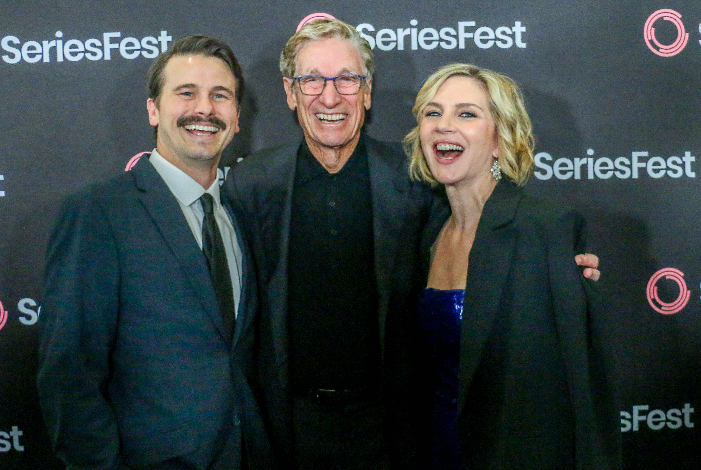 From left: Jason Ritter, Maury Povich and Rhea Seehorn on the red carpet at SeriesFest on Friday, May 2, at the Asterisk Event Center in Denver. (JOHN MOORE/DENVER GAZETTE)