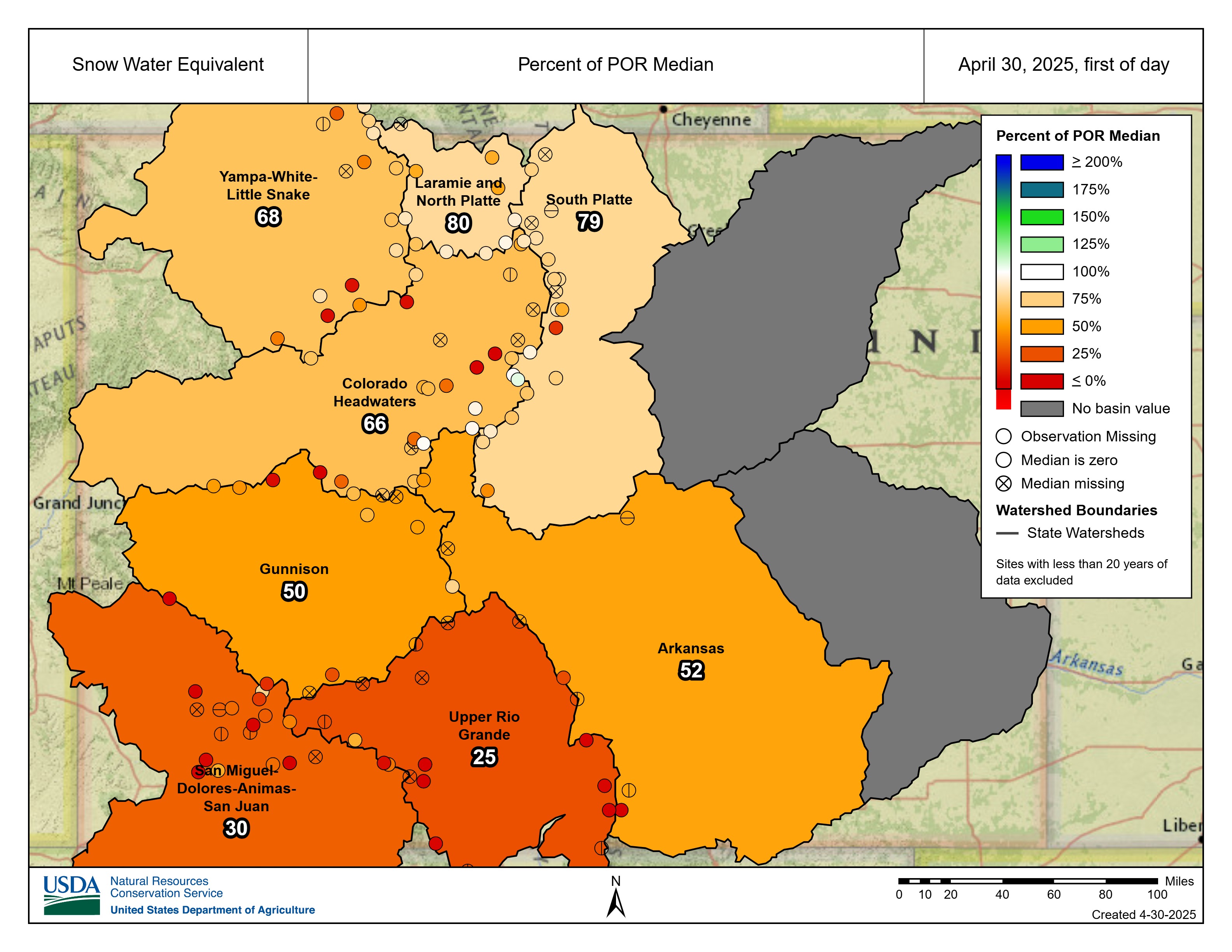 Colorado's snow water equivalent percent of median on April 30, 2025 was 56% of median average for the date and with a snow water equivalent value of 7.8 inches locked away in the snow. (Natural Resources Conservation Service)