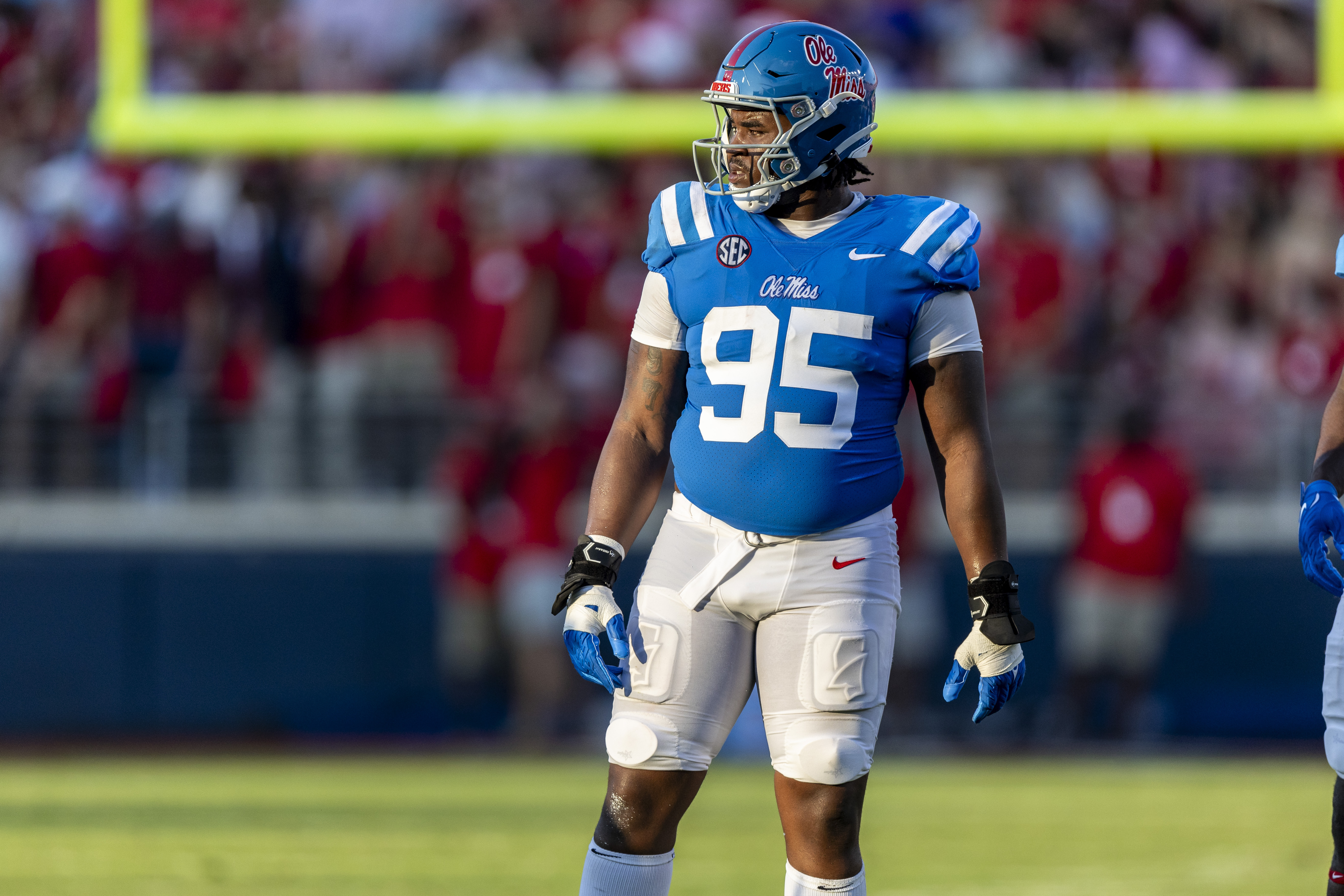Mississippi defensive lineman Akelo Stone (95) sets up against LSU during the first half of an NCAA football game on Saturday, Sept. 30, 2023, in Oxford, Miss. (AP Photo/Vasha Hunt) (Vasha Hunt)