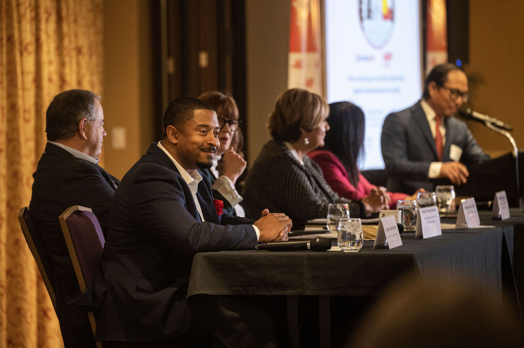 Colorado Legislators, from left, Sen. James Coleman, D-Denver, Senator Cleave Simpson, R-District 6, Representative Julie McClusky, D-Summit County, Representative Monica Duran, D-Jefferson County, and Representative Rose Pugliese, R-Colorado Springs, discuss issues during a Legislative Forum in Denver on Wednesday, Dec. 4, 2024. (Stephen Swofford, Denver Gazette) (StephenSwoffordPhotographerstephen.swofford@gazette.comhttps://secure.gravatar.com/avatar/1ddcaf11c5d70eaa58546ddc4e038687?d=mm&r=g)