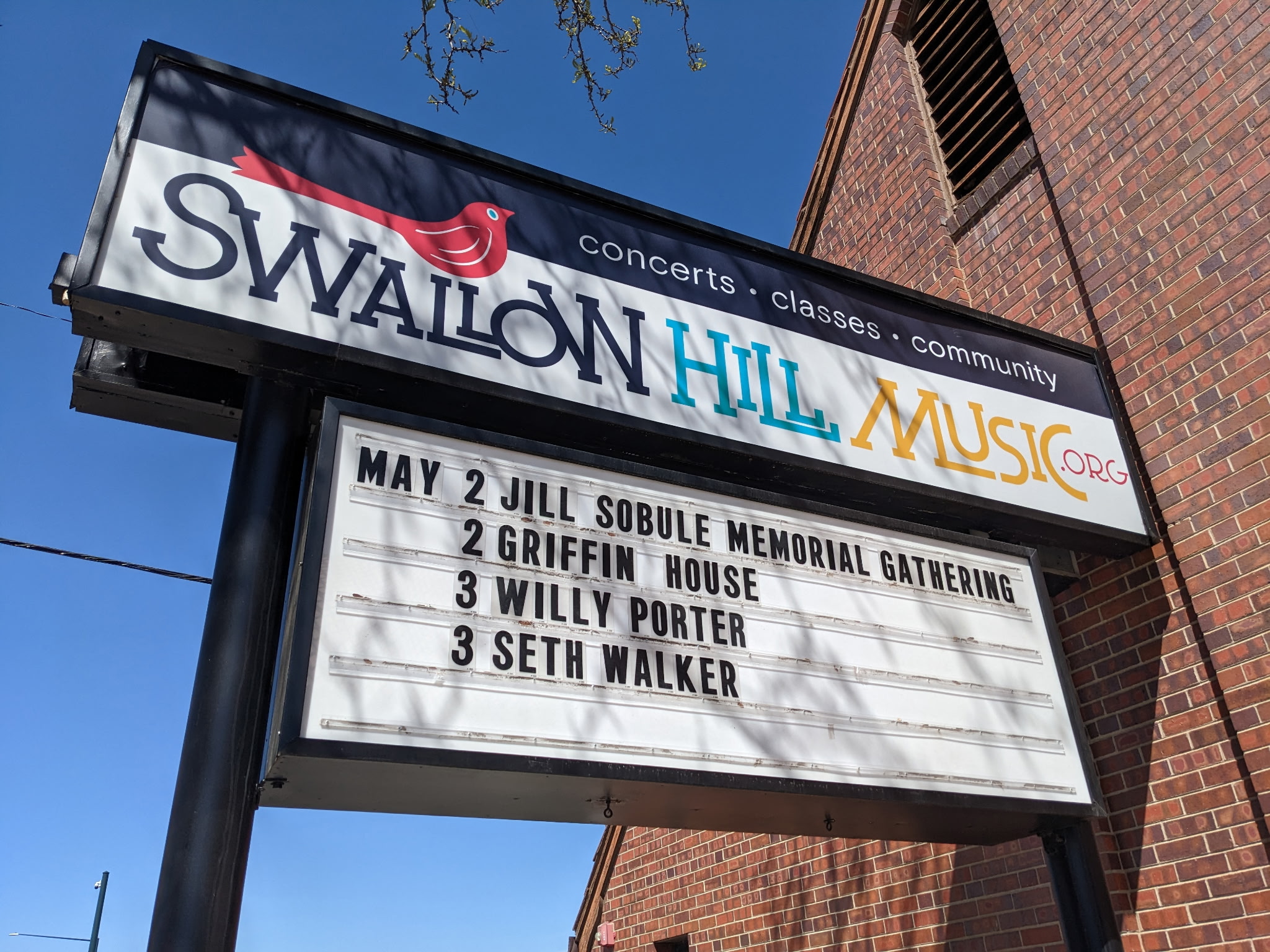 The Swallow Hill marquee was changed to note the May 2 change from a performance by Jill Sobule to an informal gathering to celebrate her life. (Courtesy photo, Swallow Hill)