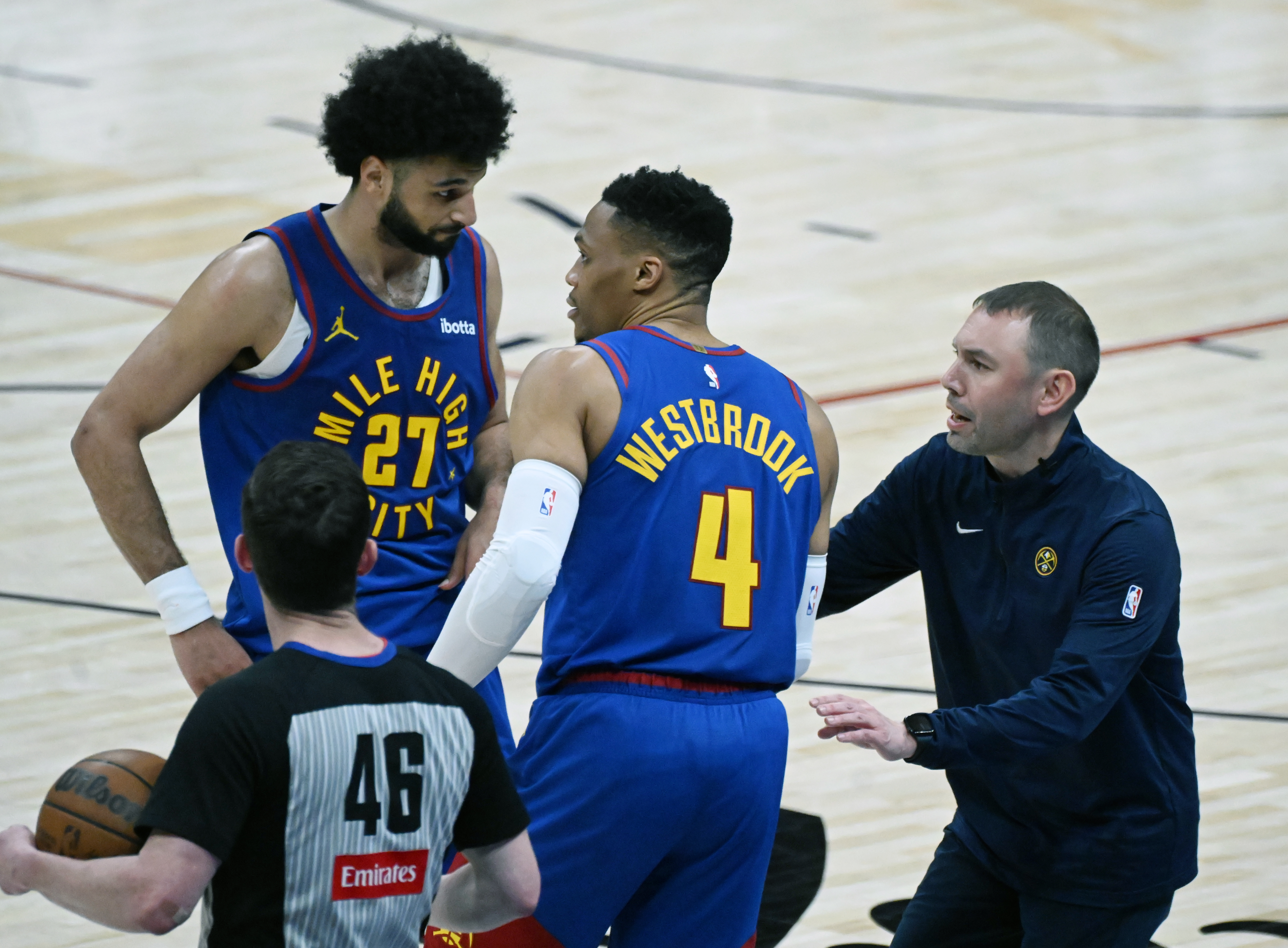 Nuggets interim Head Coach David Adelman send Denver Nuggets guard Jamal Murray (27) and Denver Nuggets guard Russell Westbrook (4) back into the game during overtime of game 3 of round 2 of the Western Conference Championship at Ball Arena on Friday, May 9, 2025. The Nuggets won the game 113-104. (Jerilee Bennett,The Gazette)