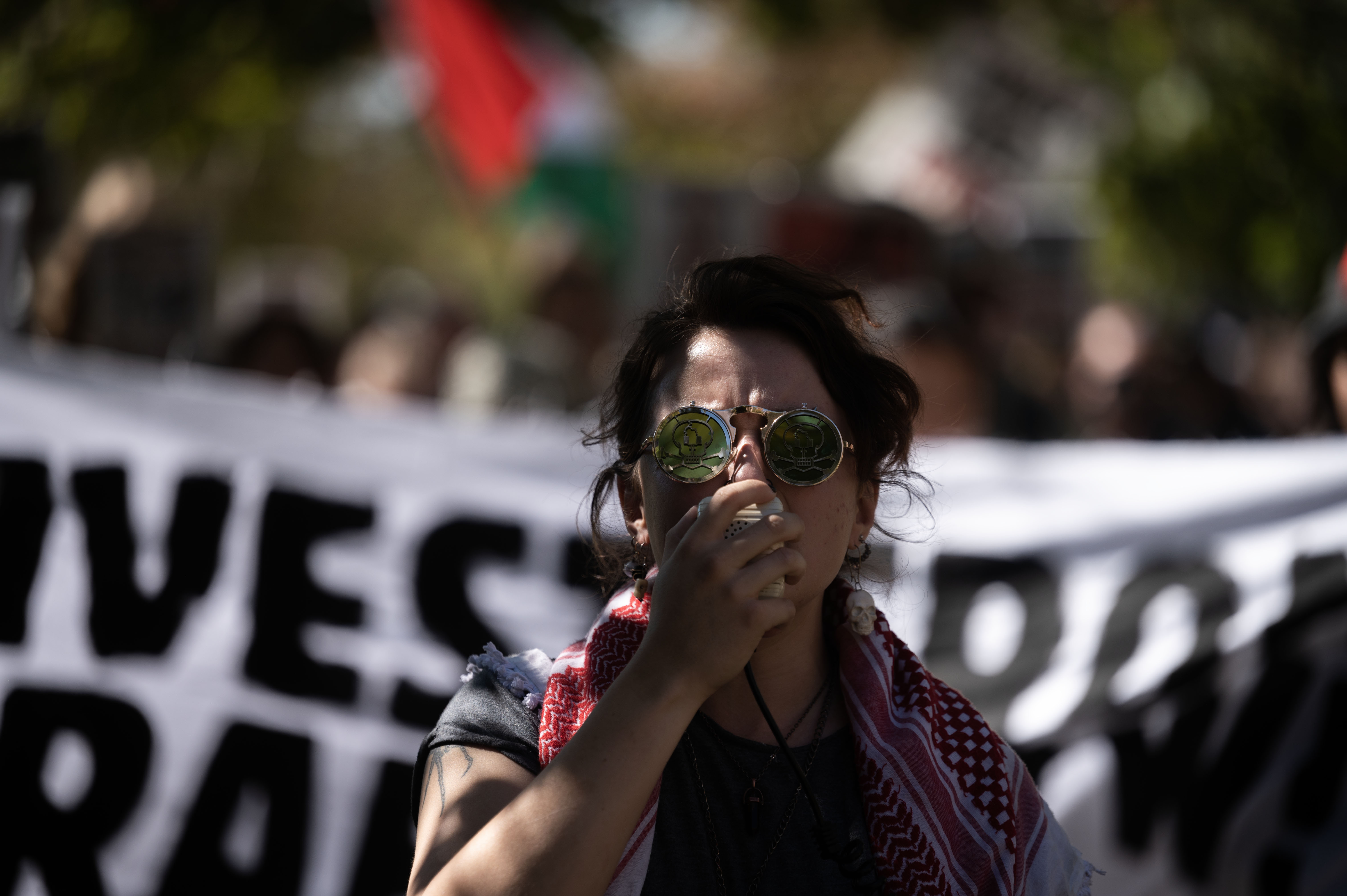 FILE PHOTO: A protester known as Bugs leads a chant as a group of protesters march from Auraria Campus to Union Station in a protest calling for divestment from Israel and an end to the conflict in Palestine on Monday, Oct. 7, 2024 (Stephen Swofford, Denver Gazette) (StephenSwoffordPhotographerstephen.swofford@gazette.comhttps://secure.gravatar.com/avatar/1ddcaf11c5d70eaa58546ddc4e038687?d=mm&r=g)