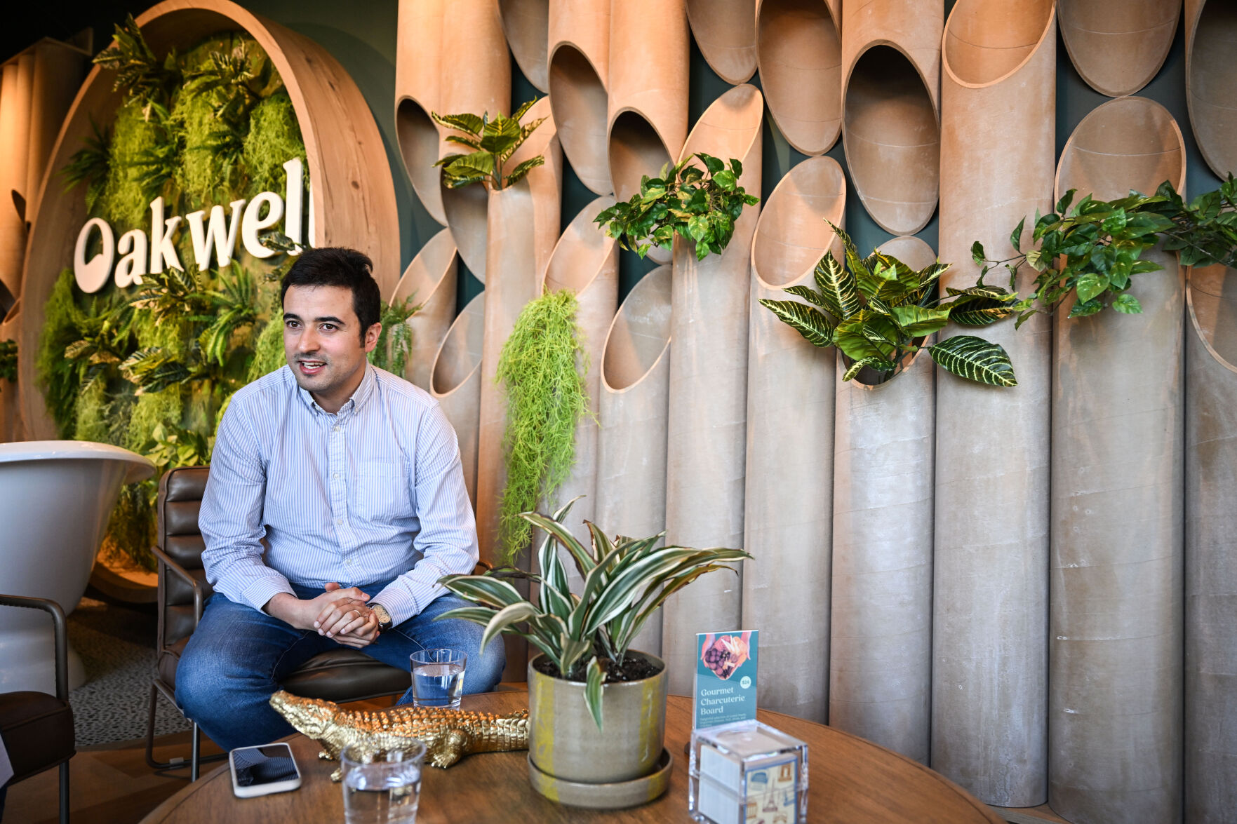 Damien Zouaoui, owner of Oakwell Beer Spa with his wife, Jessica (not pictured), talks with a reporter in the lobby of their new location in Highlands Ranch on Thursday, April 10, 2025. (Stephen Swofford, Denver Gazette) (StephenSwoffordPhotographerstephen.swofford@gazette.comhttps://secure.gravatar.com/avatar/1ddcaf11c5d70eaa58546ddc4e038687?d=mm&r=g)