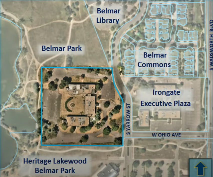 The area in which Kairoi Properties, LLC's plans on building an apartment complex at 777 S. Yarrow St., right on the eastern border of Belmar Park. Residents have fought about the building's potential proximity to the park for years, but the site plan was officially approved Wednesday night. (Courtesy of the City of Lakewood)