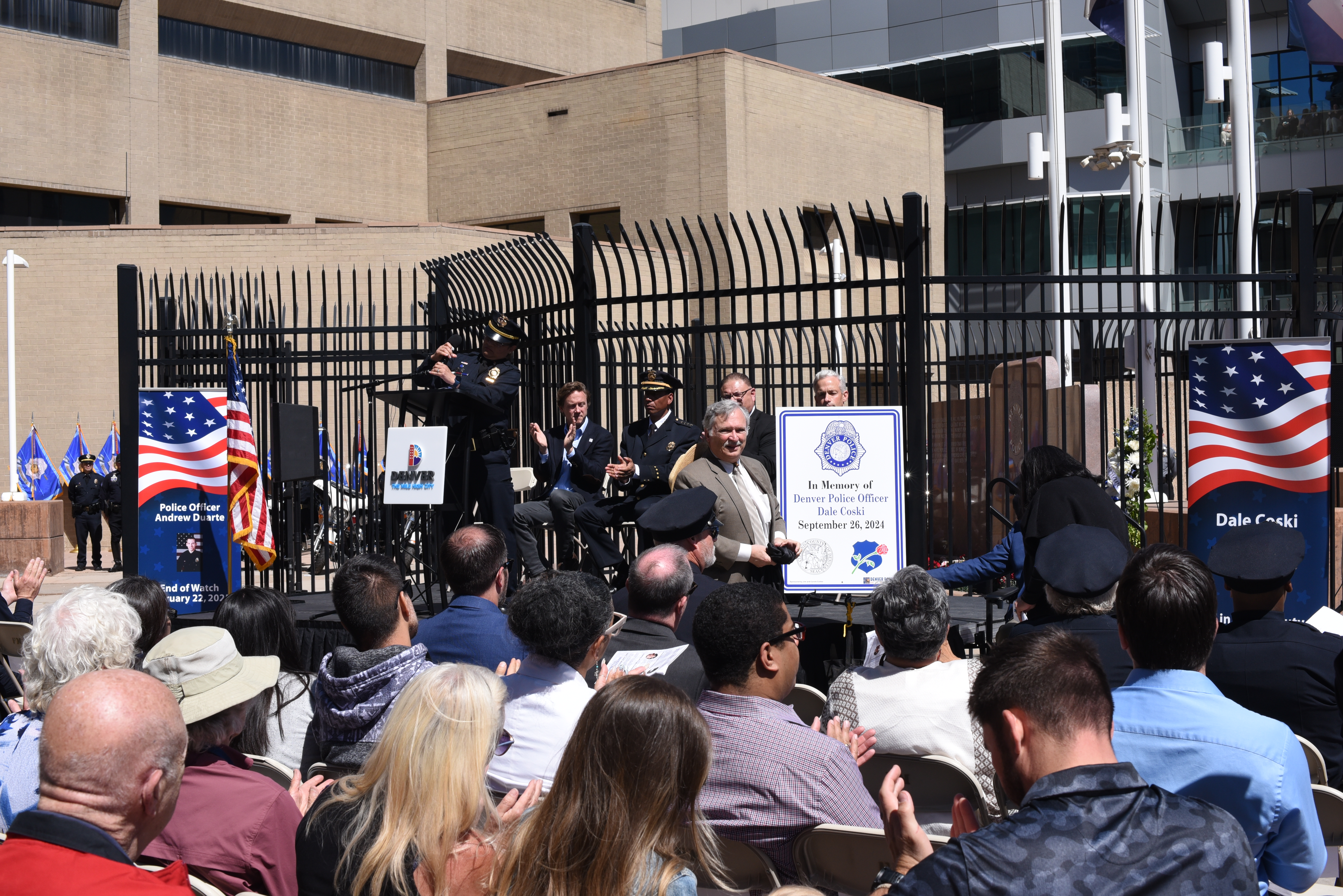 Councilmembers Kevin Flynn, Chris Hinds and Jamie Torres unveil a new plaque recognizing fallen Denver Police Department Officer Cale Coski during DPD's fallen officers memorial ceremony on Thursday, May 15. (Michael Braithwaite / The Denver Gazette) (MichaelBraithwaiteBreaking News Reportermichael.braithwaite@gazette.comhttps://secure.gravatar.com/avatar/fb3f78e3ce4a645001819087b4b73d25?d=mm&r=g)